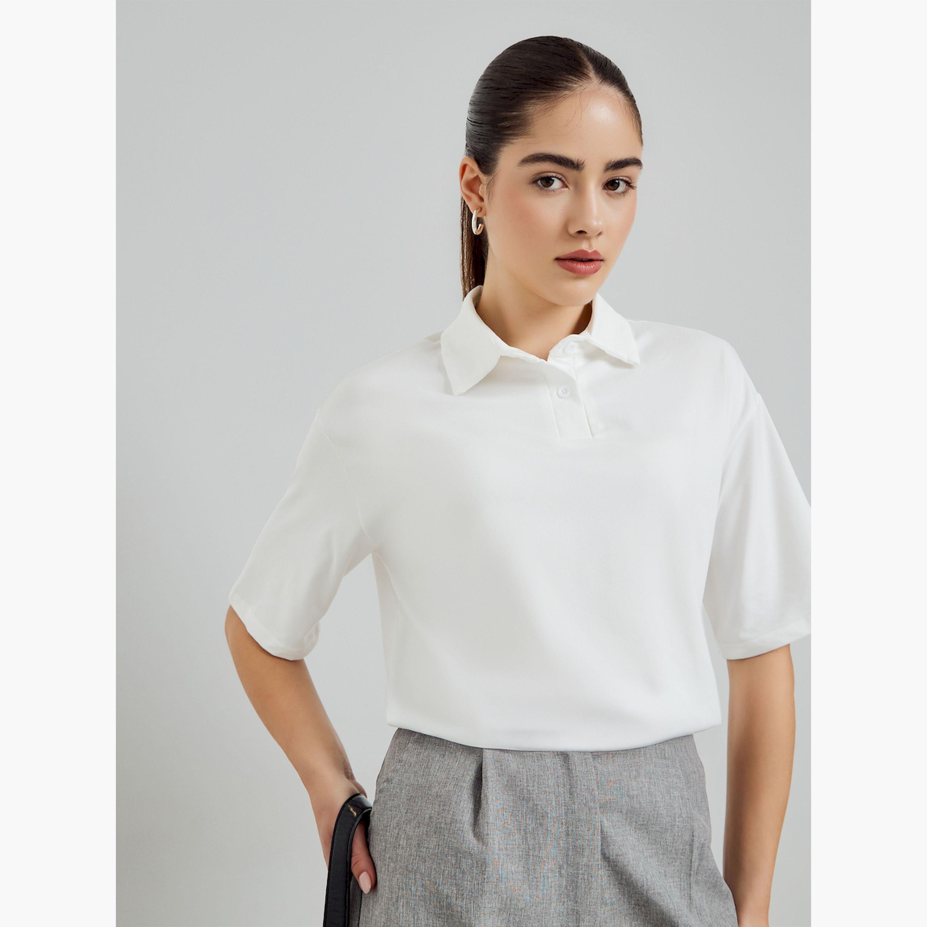 Styli White Short Sleeve Knitted Polo T-Shirt-women-clothing-tshirts-image-4