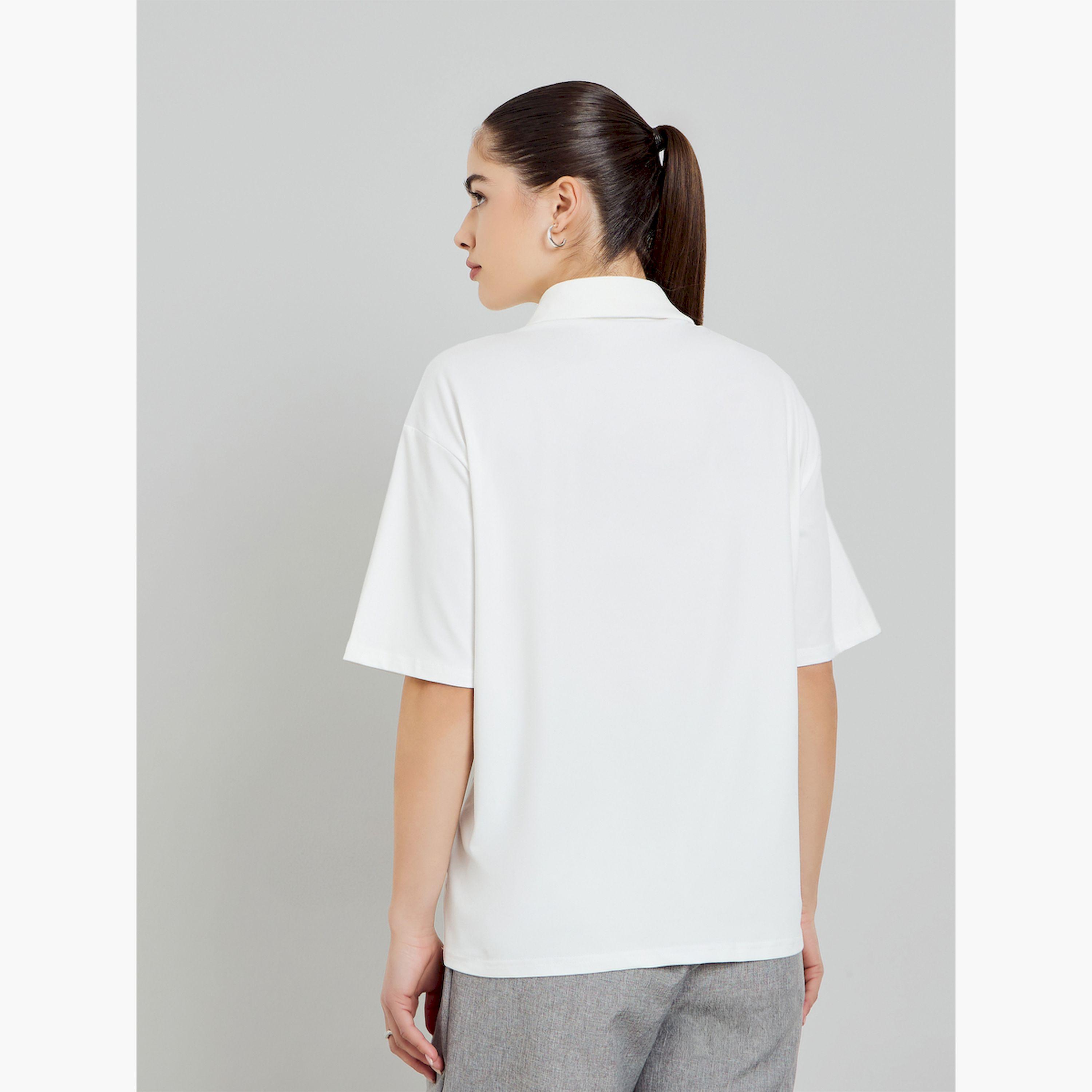 Styli White Short Sleeve Knitted Polo T-Shirt-women-clothing-tshirts-image-5