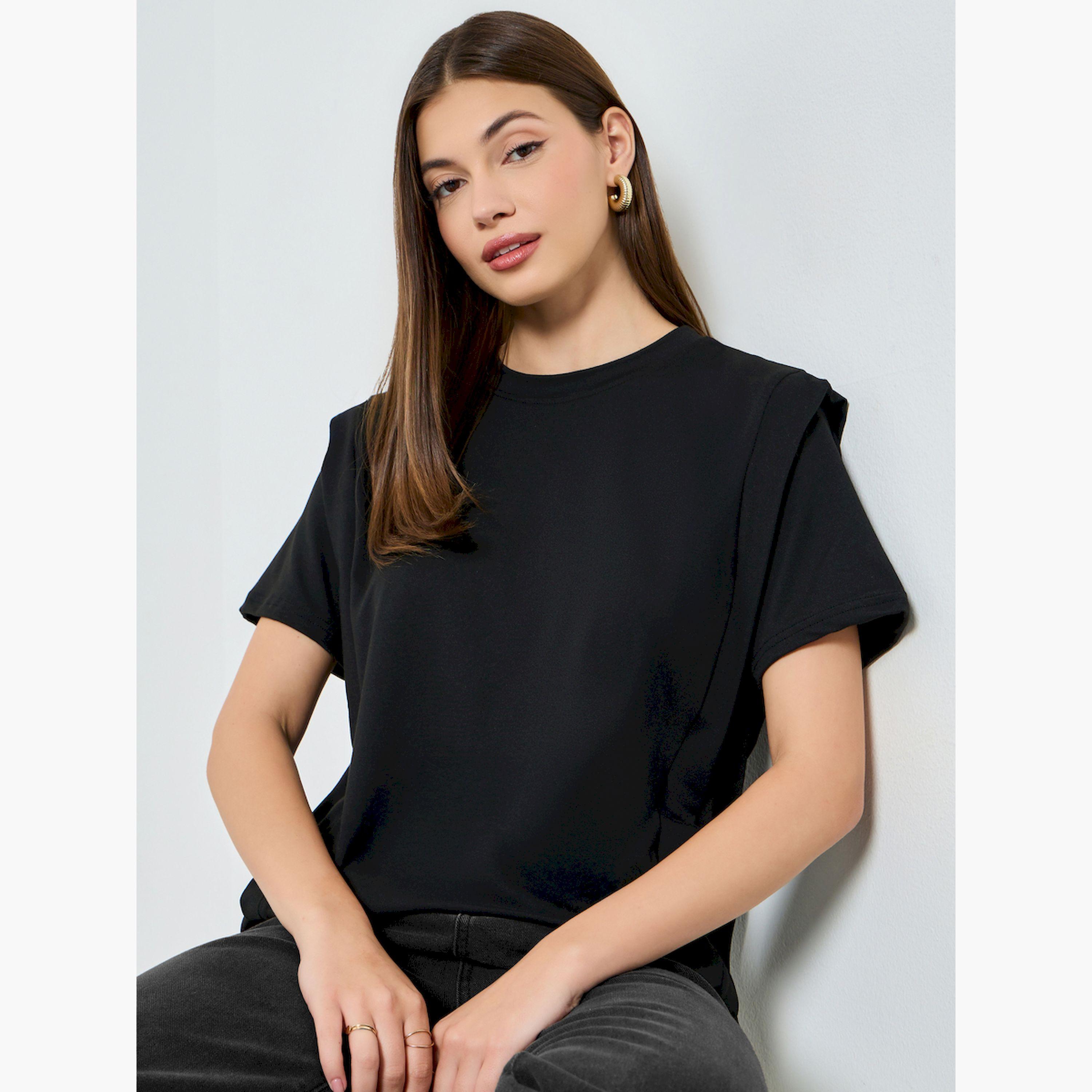 Styli Black Oversized Shoulder Pad T-Shirt-women-clothing-tshirts-image-3