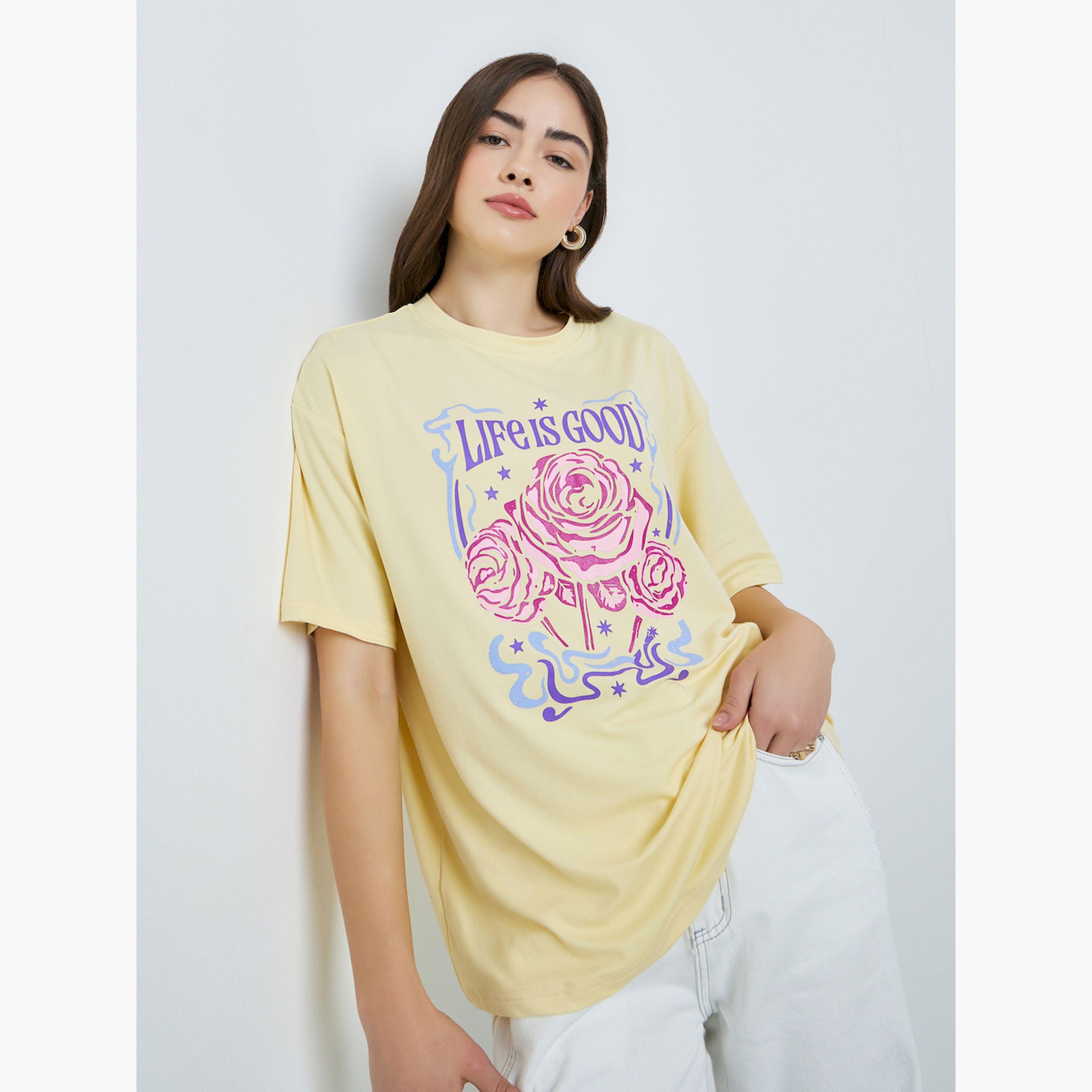 Styli Yellow Graphic Print Oversized T-Shirt-women-clothing-tshirts-image-1