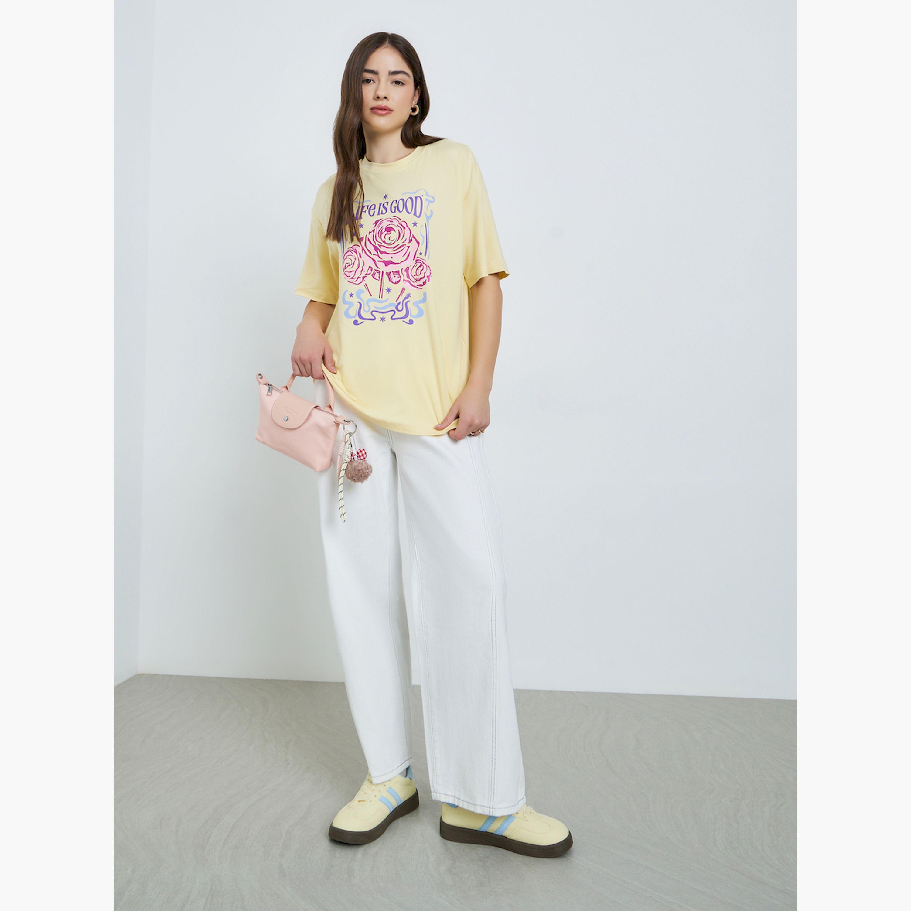 Styli Yellow Graphic Print Oversized T-Shirt-women-clothing-tshirts-image-2
