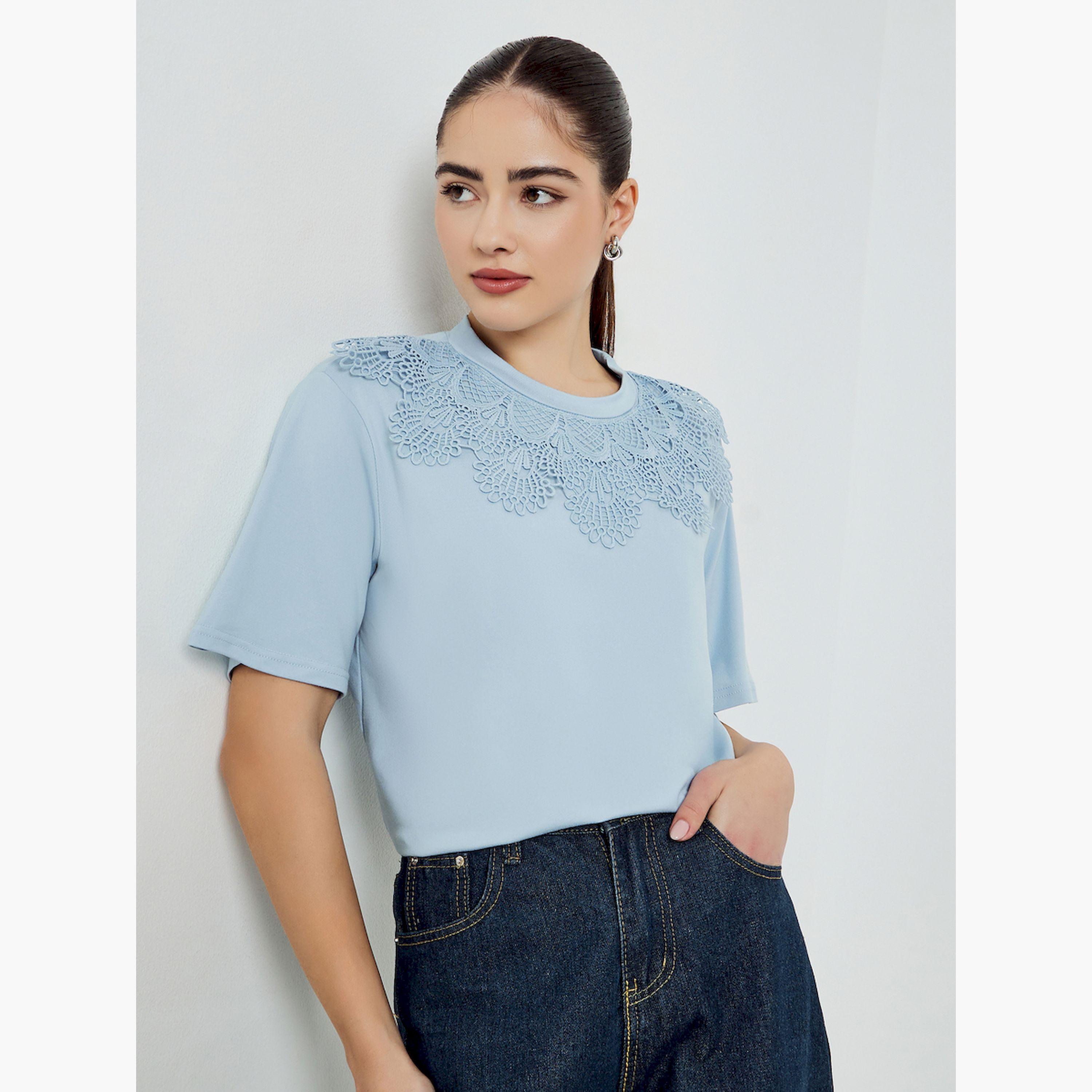 Styli Blue Lace Neckline Short Sleeve T-Shirt-women-clothing-tshirts-image-3