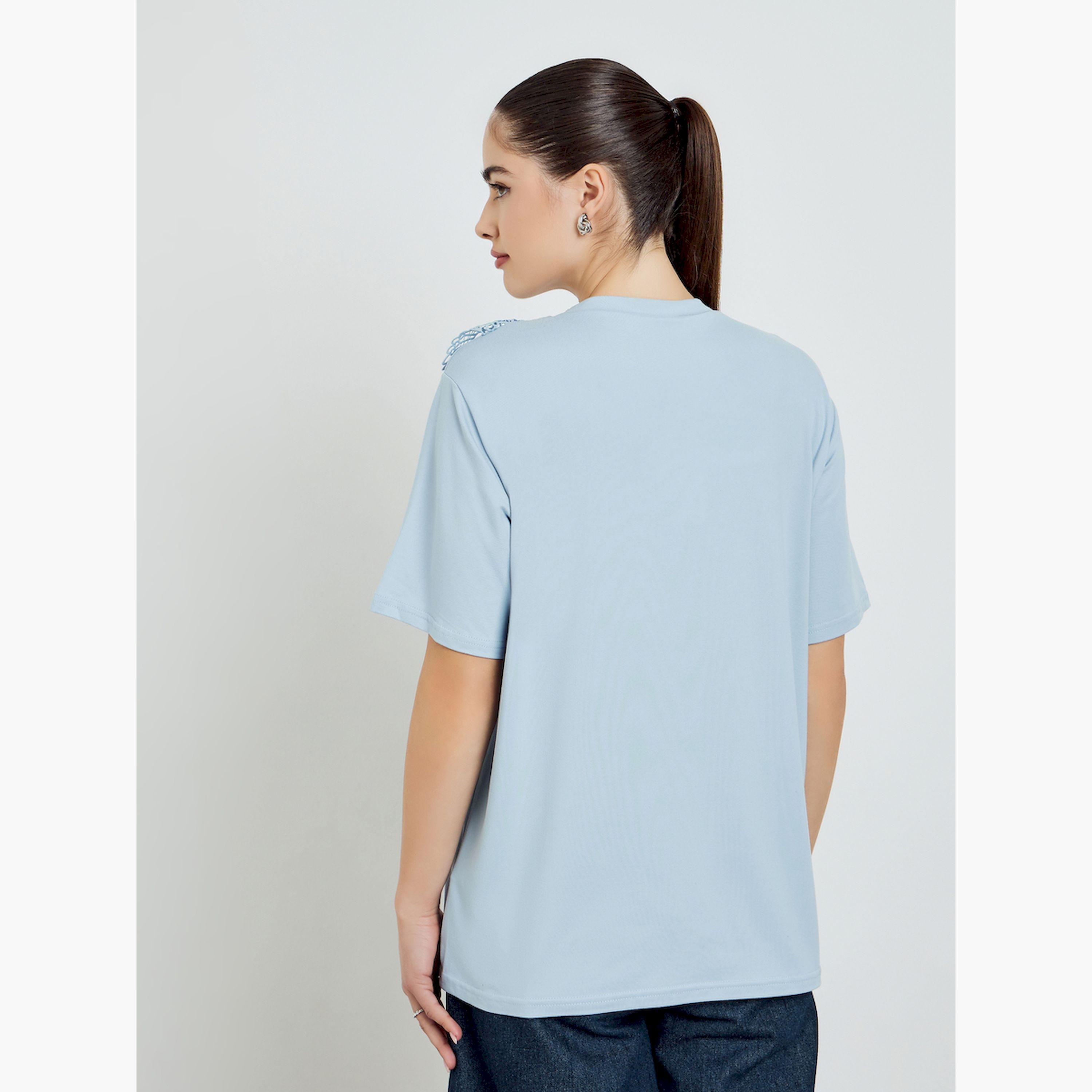Styli Blue Lace Neckline Short Sleeve T-Shirt-women-clothing-tshirts-image-4