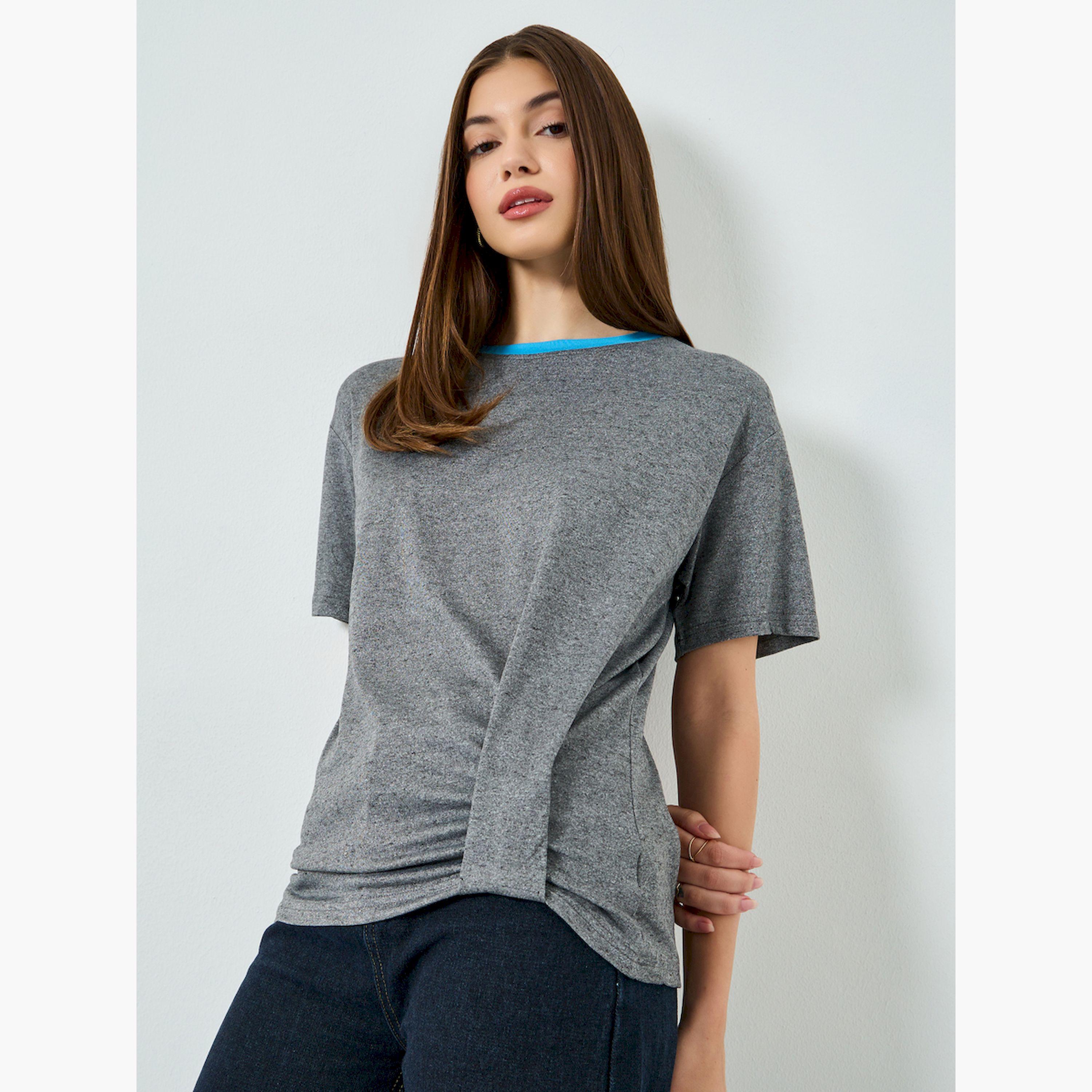 Styli Grey Twisted Hem T-Shirt with Contrast Neckline-women-clothing-tshirts-image-1
