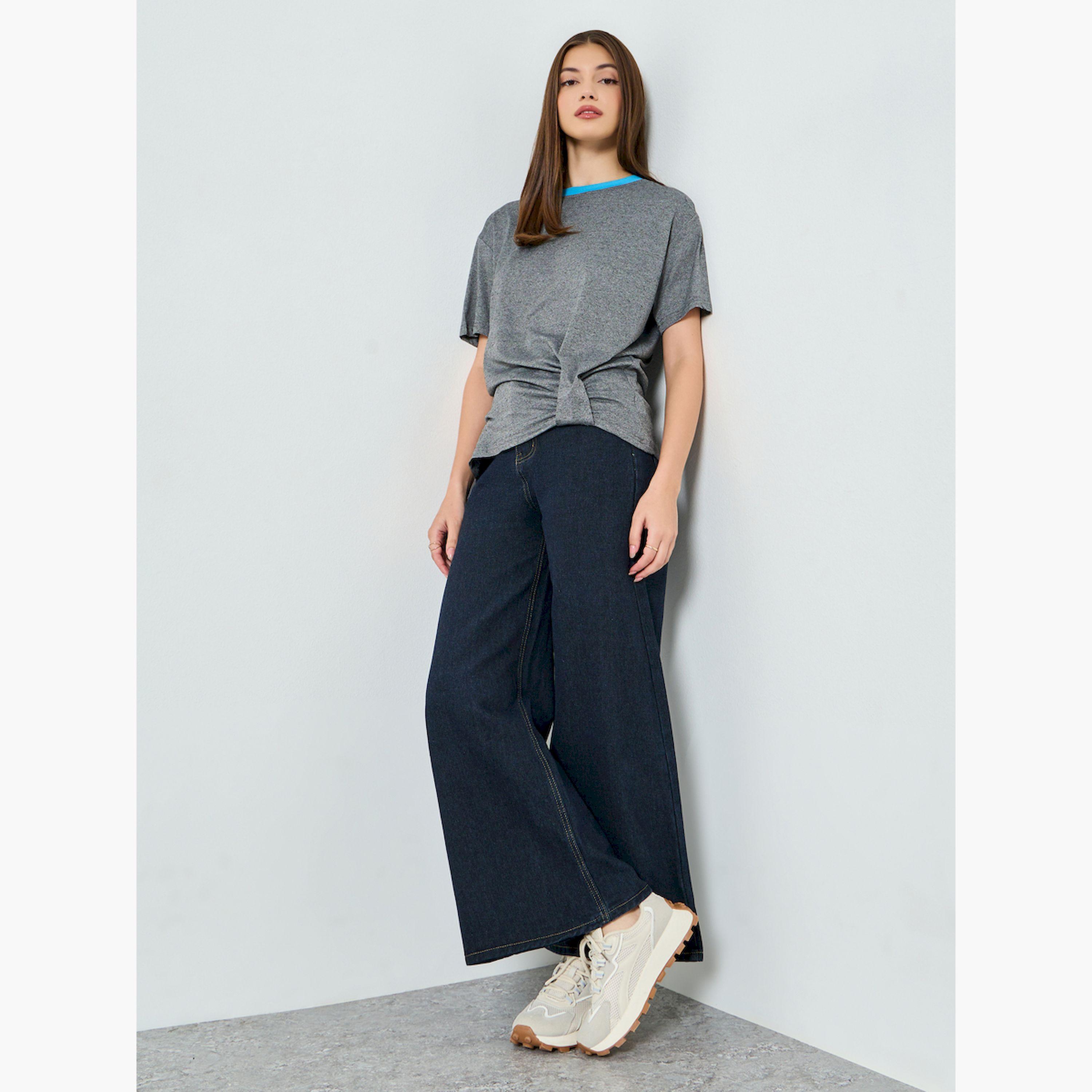 Styli Grey Twisted Hem T-Shirt with Contrast Neckline-women-clothing-tshirts-image-2