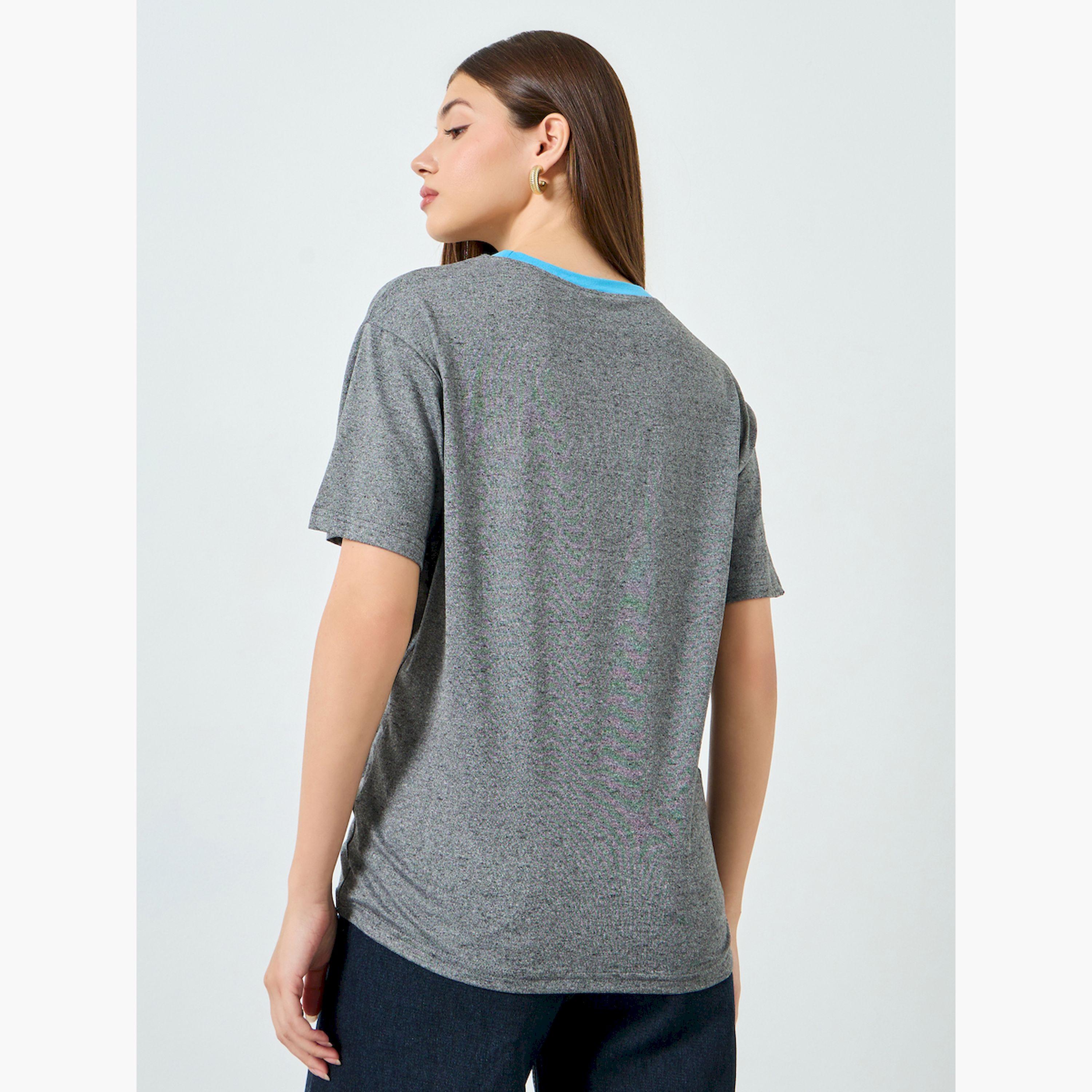 Styli Grey Twisted Hem T-Shirt with Contrast Neckline-women-clothing-tshirts-image-3