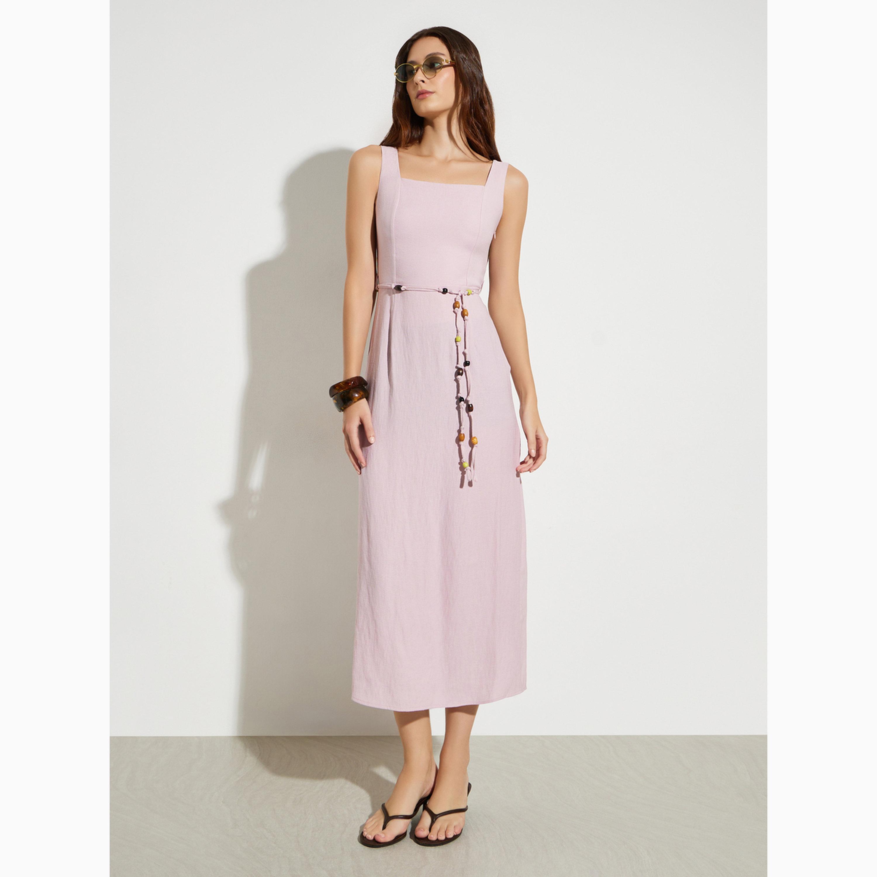 فستان ميدي بياقة مربعة ورباط خصر مزين بالخرز-women-clothing-dresses-image-1