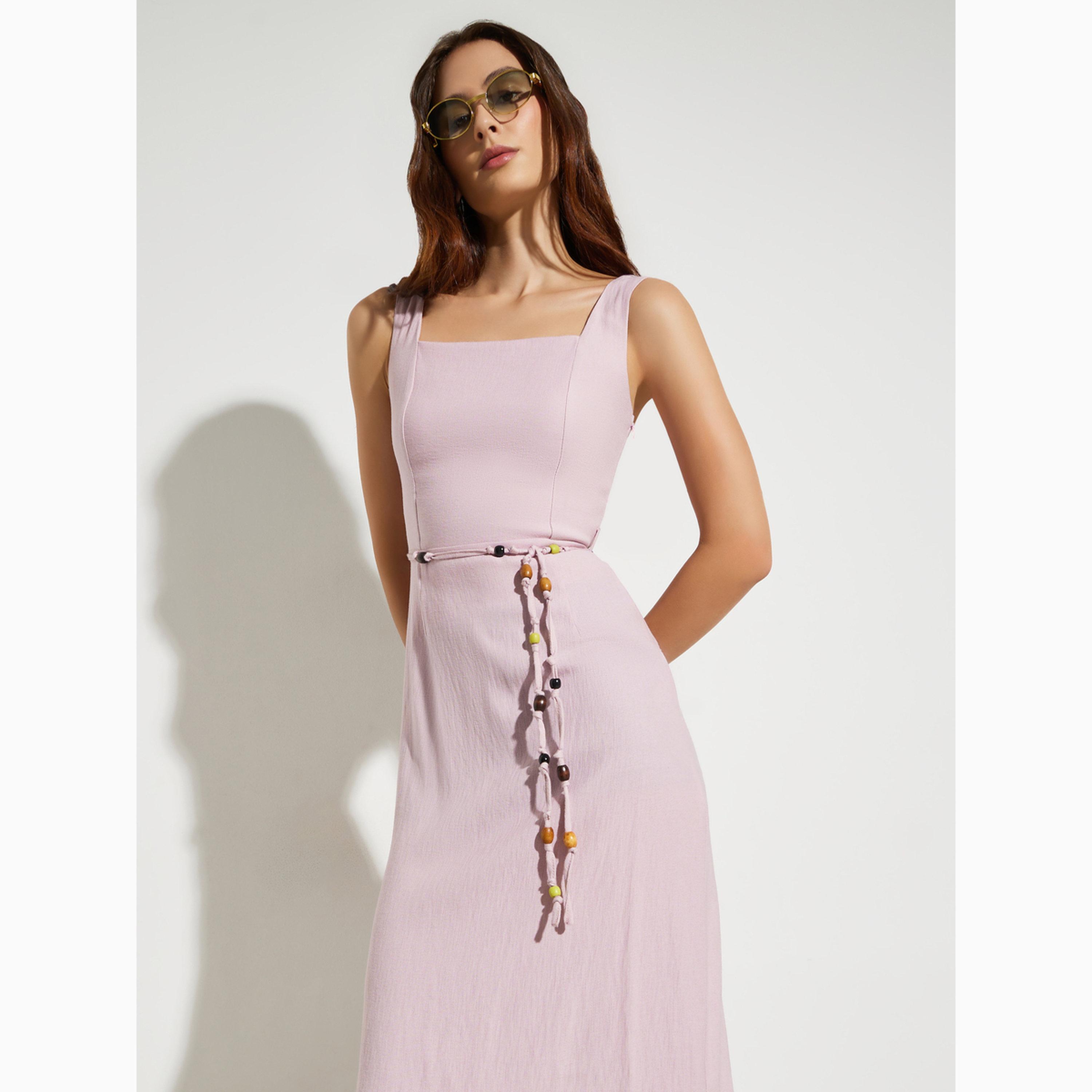 فستان ميدي بياقة مربعة ورباط خصر مزين بالخرز-women-clothing-dresses-image-2