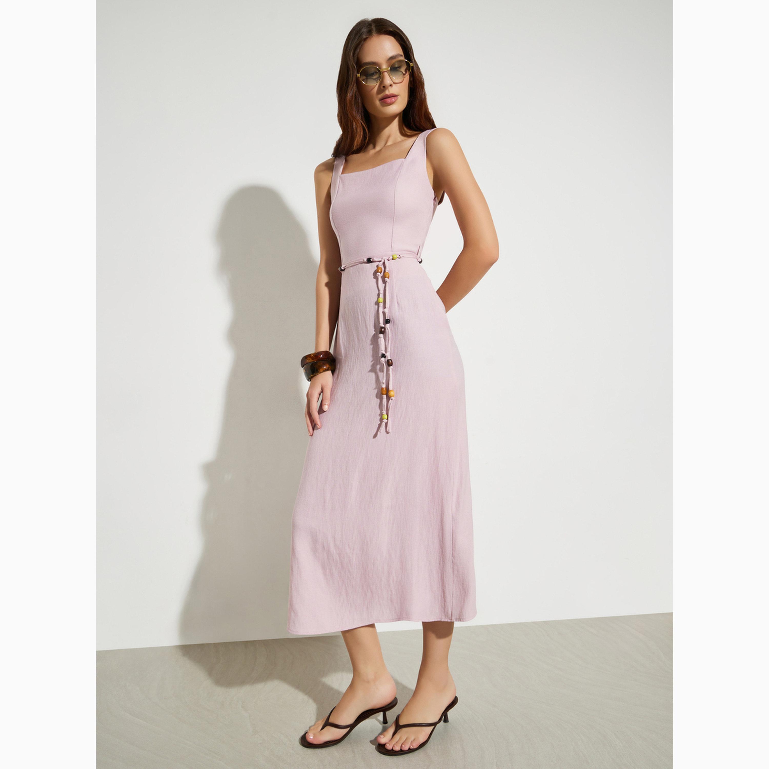 فستان ميدي بياقة مربعة ورباط خصر مزين بالخرز-women-clothing-dresses-image-3