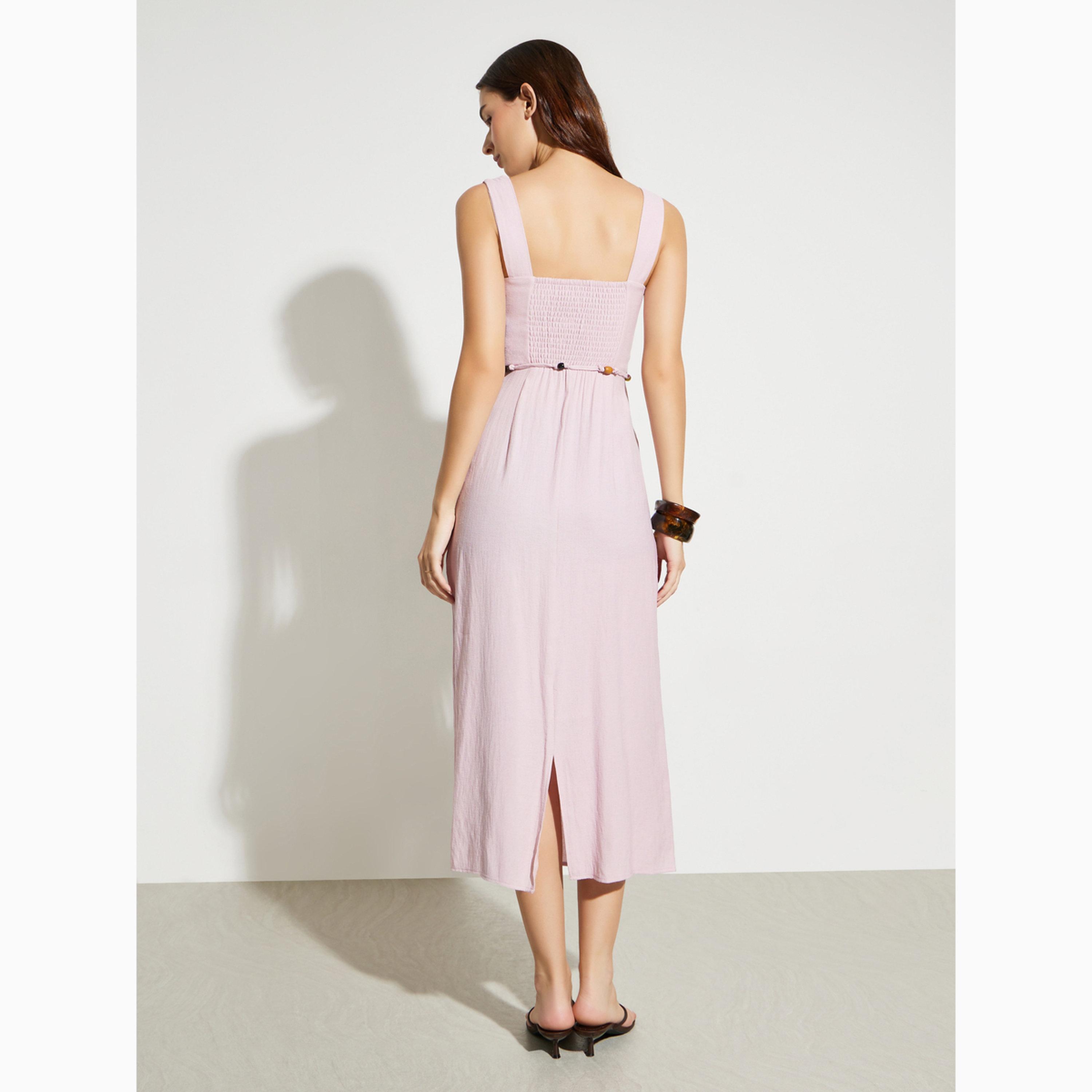 فستان ميدي بياقة مربعة ورباط خصر مزين بالخرز-women-clothing-dresses-image-4