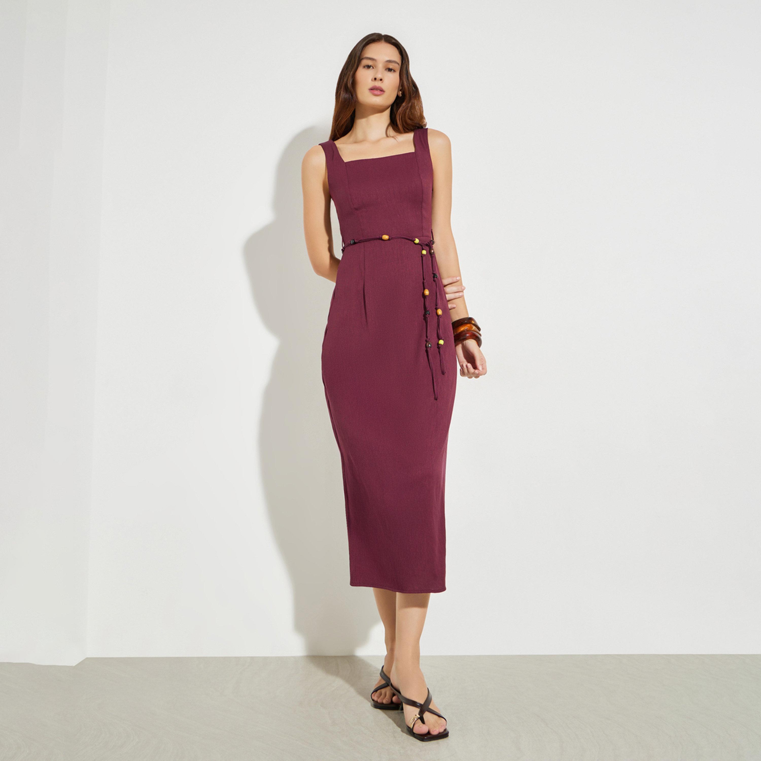 فستان ميدي بياقة مربعة ورباط خصر مزين بالخرز-women-clothing-dresses-image-1