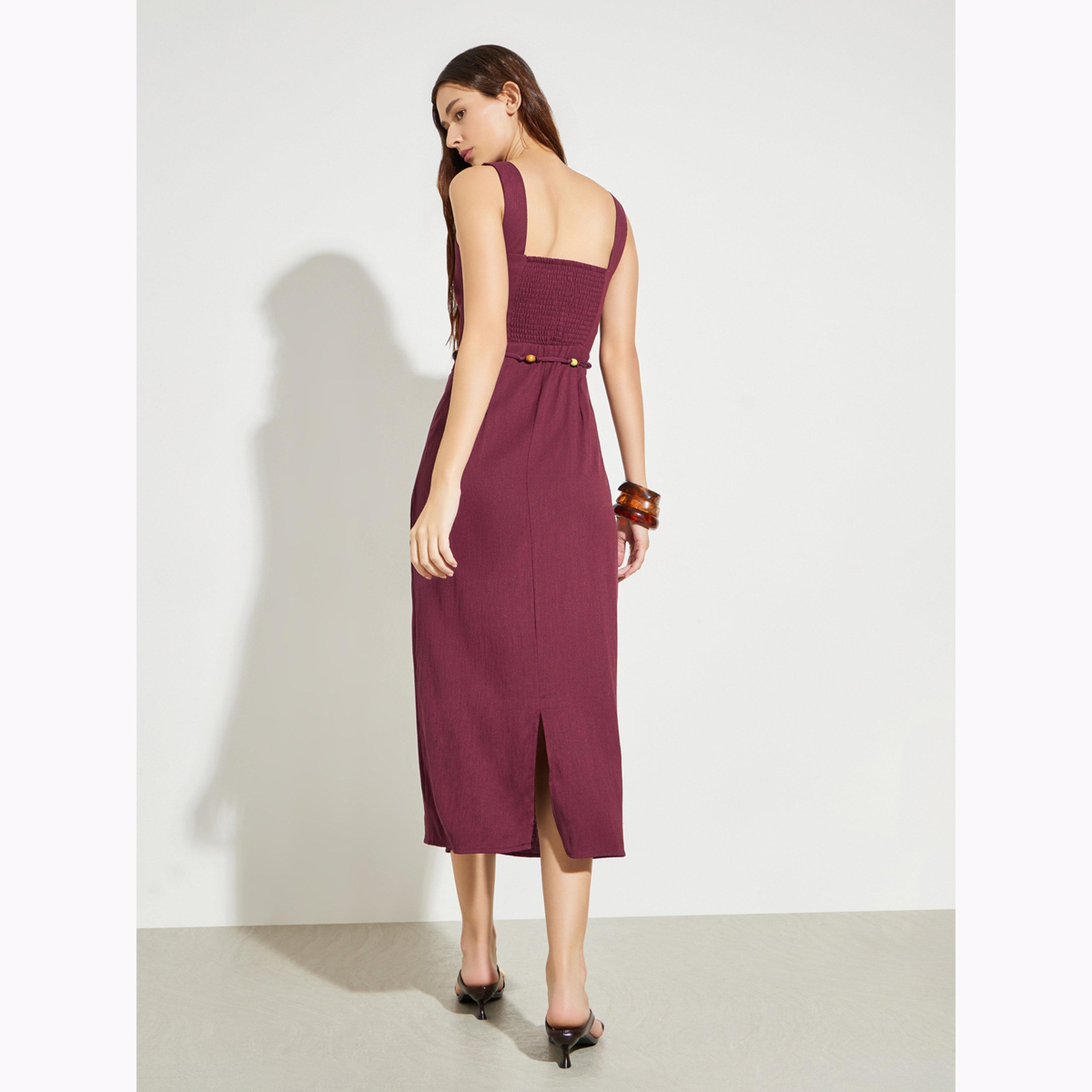فستان ميدي بياقة مربعة ورباط خصر مزين بالخرز-women-clothing-dresses-image-3