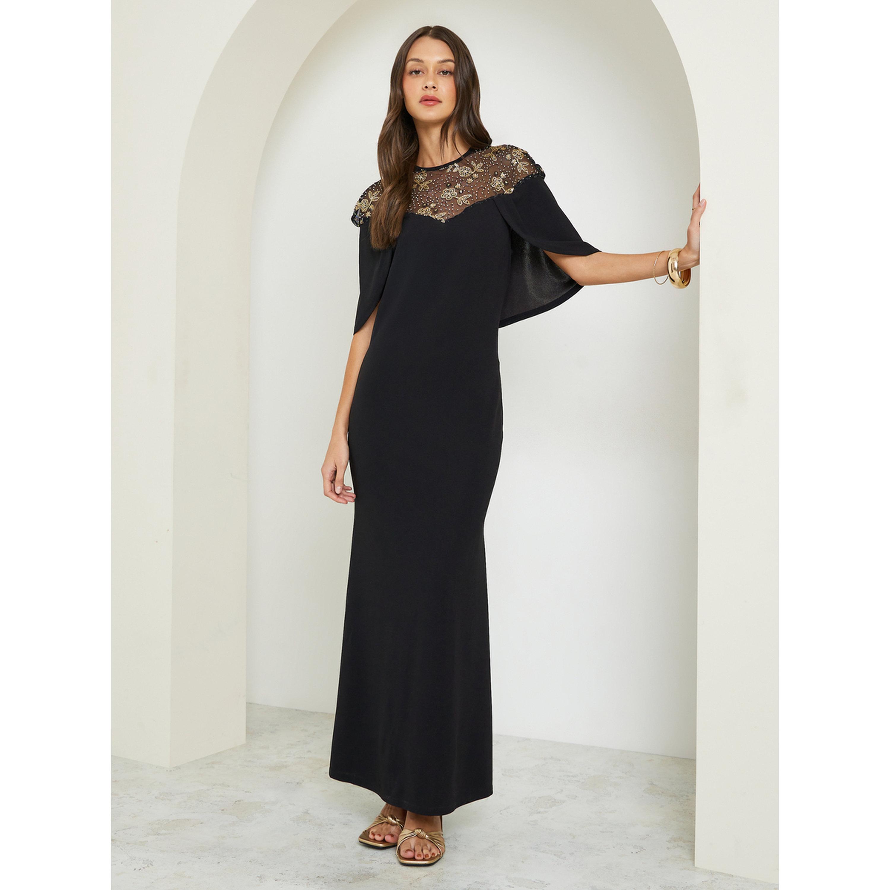 Styli Black Embellished Cape Sleeve Maxi Dress-women-clothing-dresses-image-1