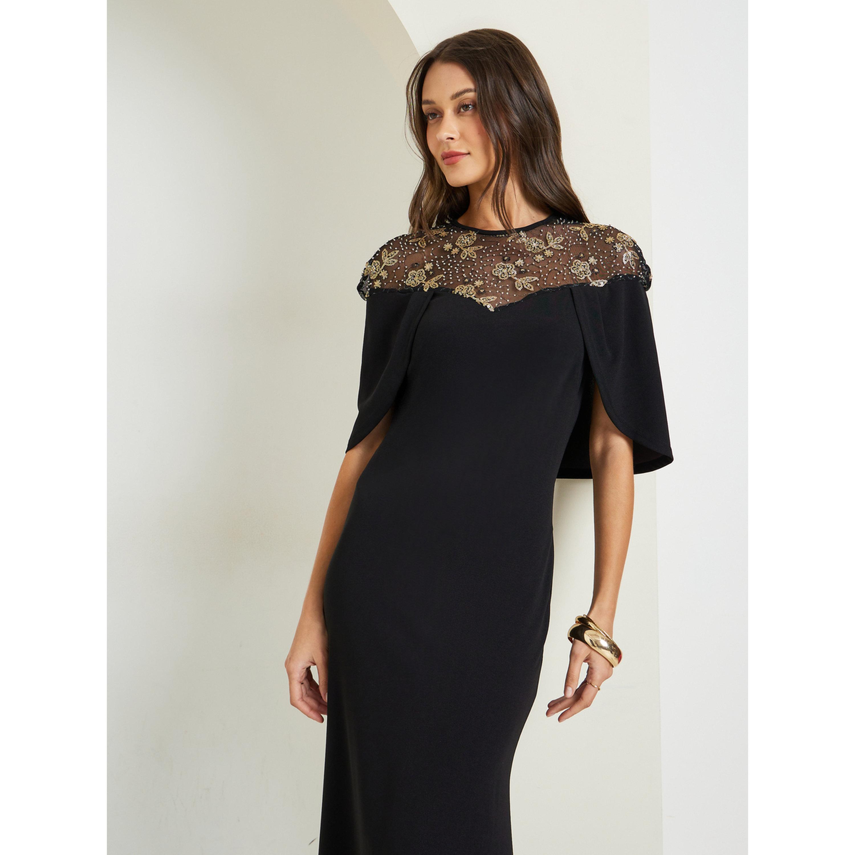 Styli Black Embellished Cape Sleeve Maxi Dress-women-clothing-dresses-image-2