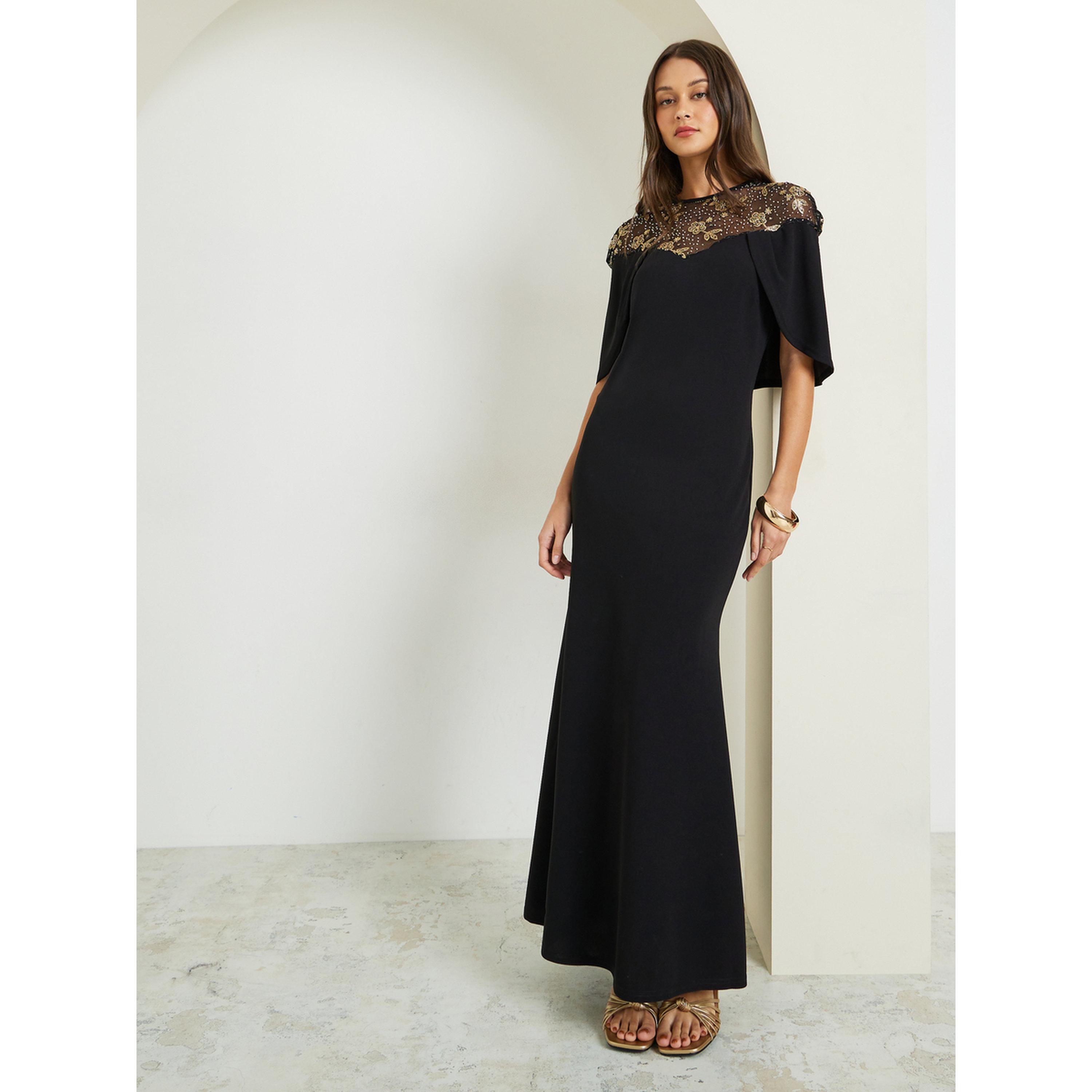 Styli Black Embellished Cape Sleeve Maxi Dress-women-clothing-dresses-image-3