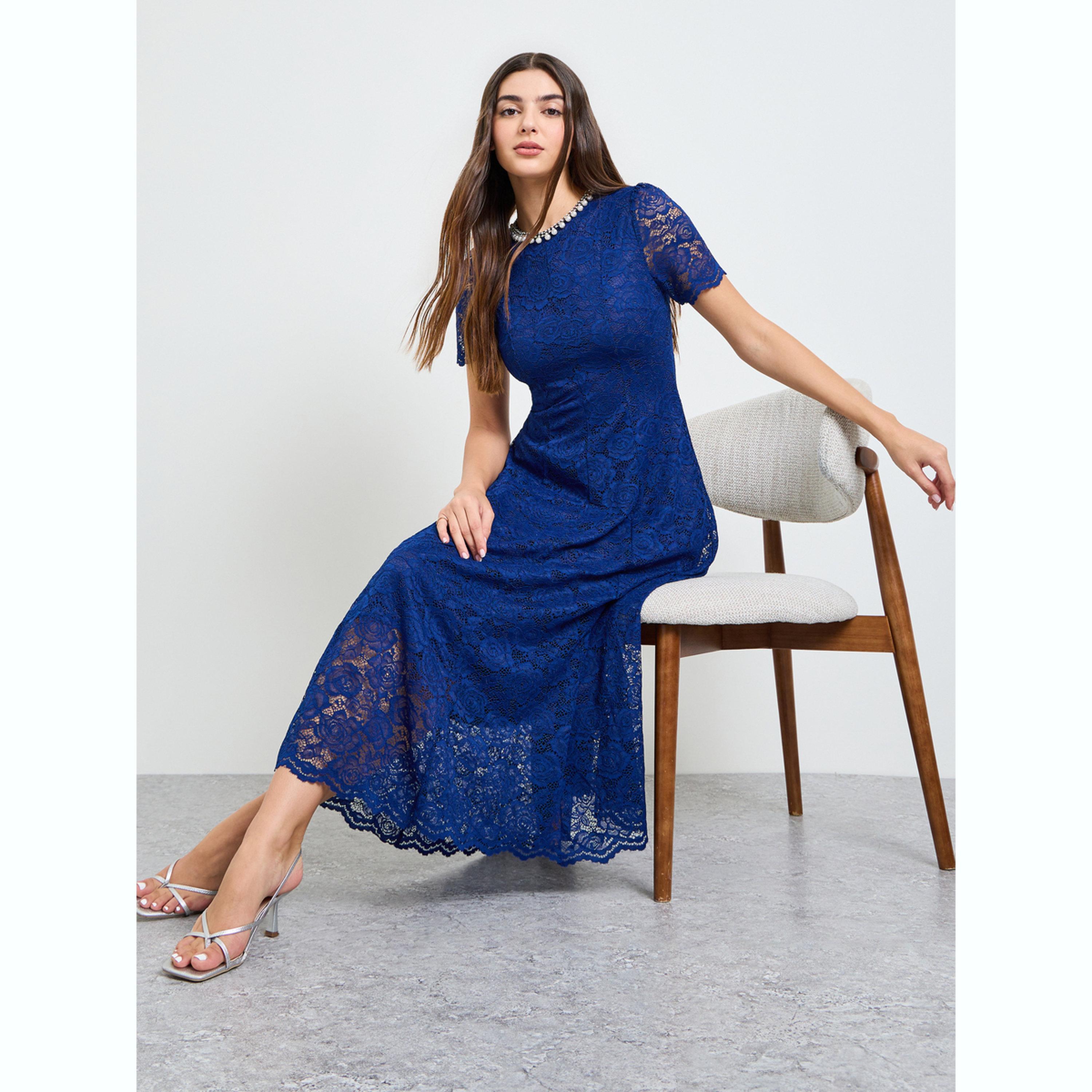 Styli Blue Lace A-Line Midi Dress with Embellishment-women-clothing-dresses-image-3