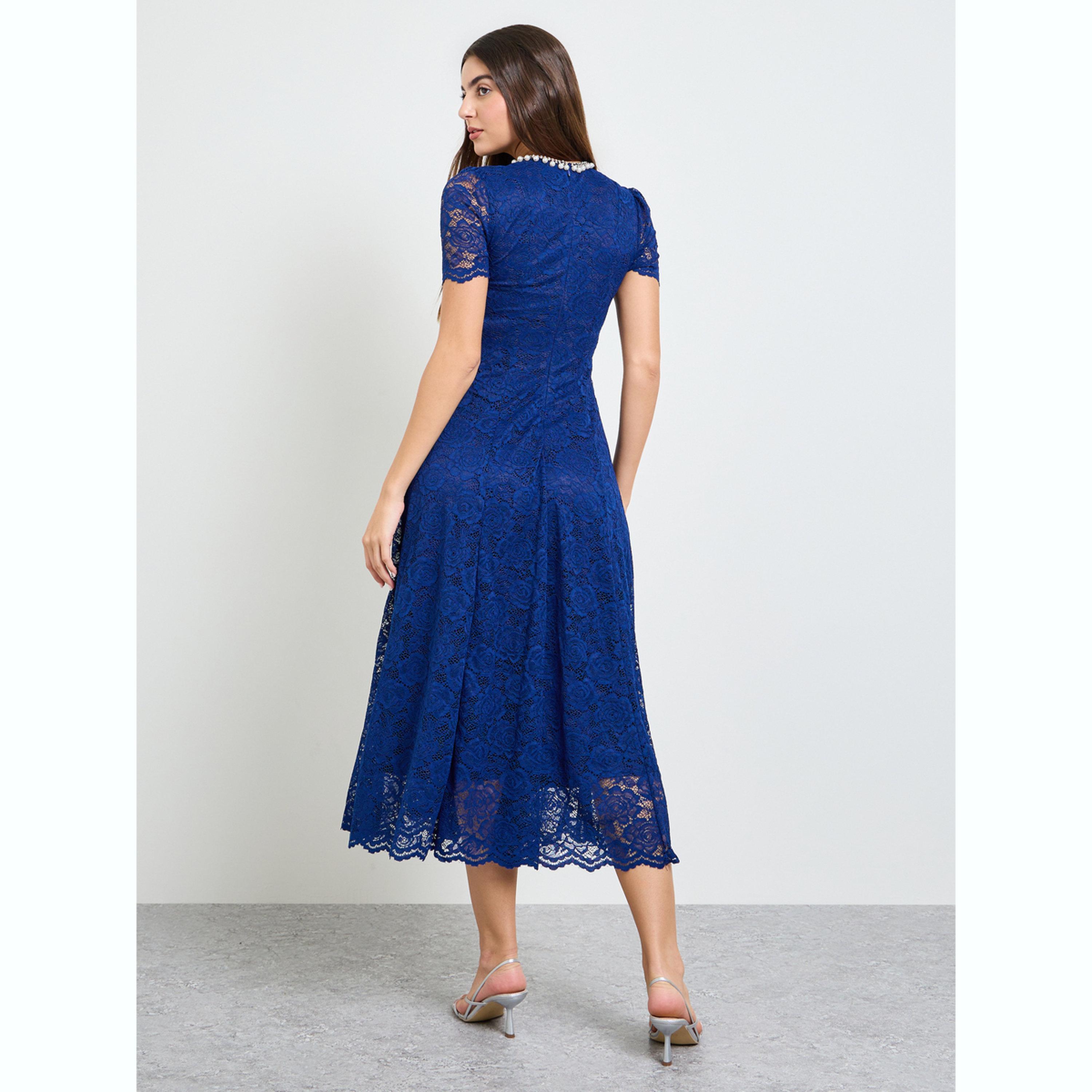 Styli Blue Lace A-Line Midi Dress with Embellishment-women-clothing-dresses-image-4