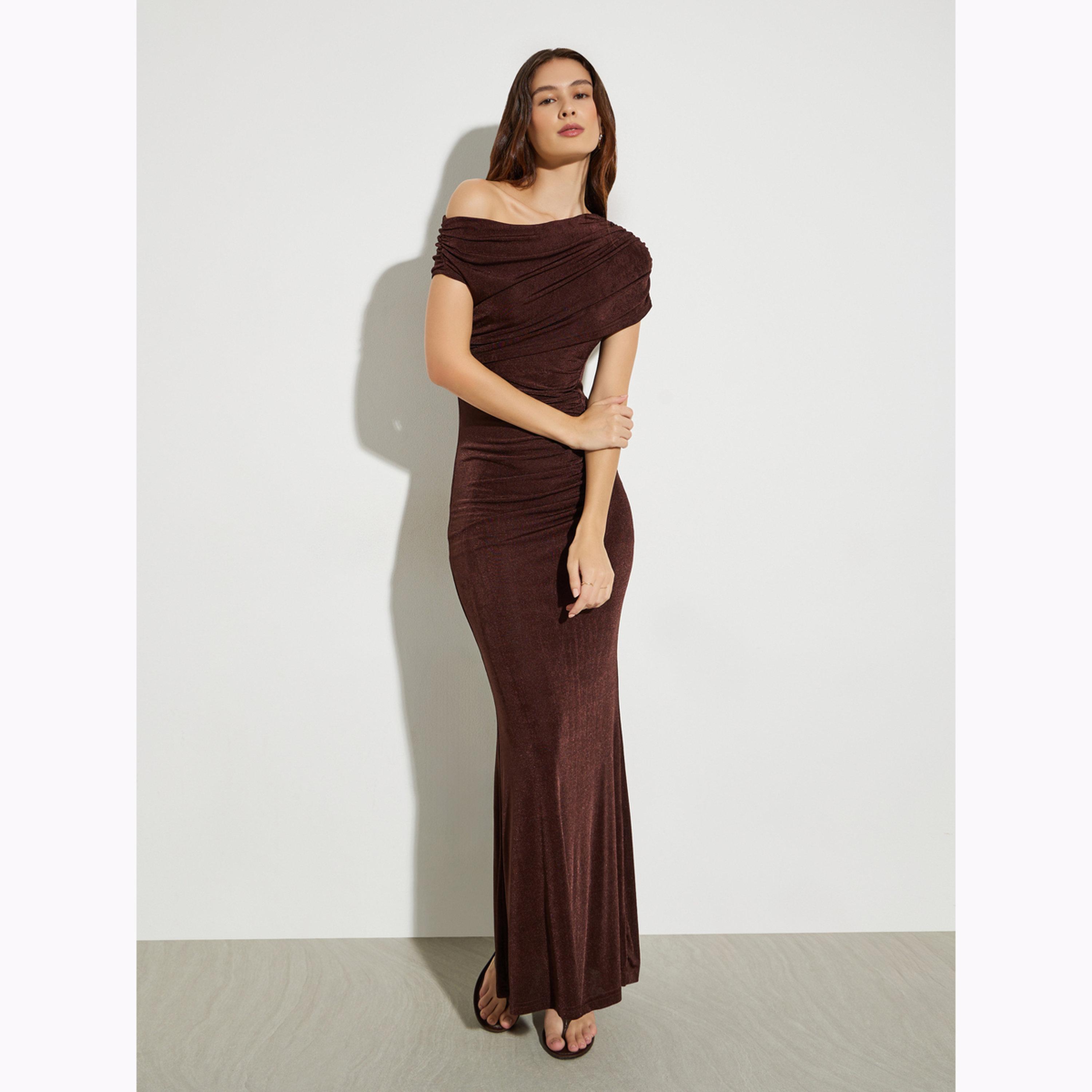 Styli Brown Asymmetric Neck Bodycon Maxi Dress-women-clothing-dresses-image-1