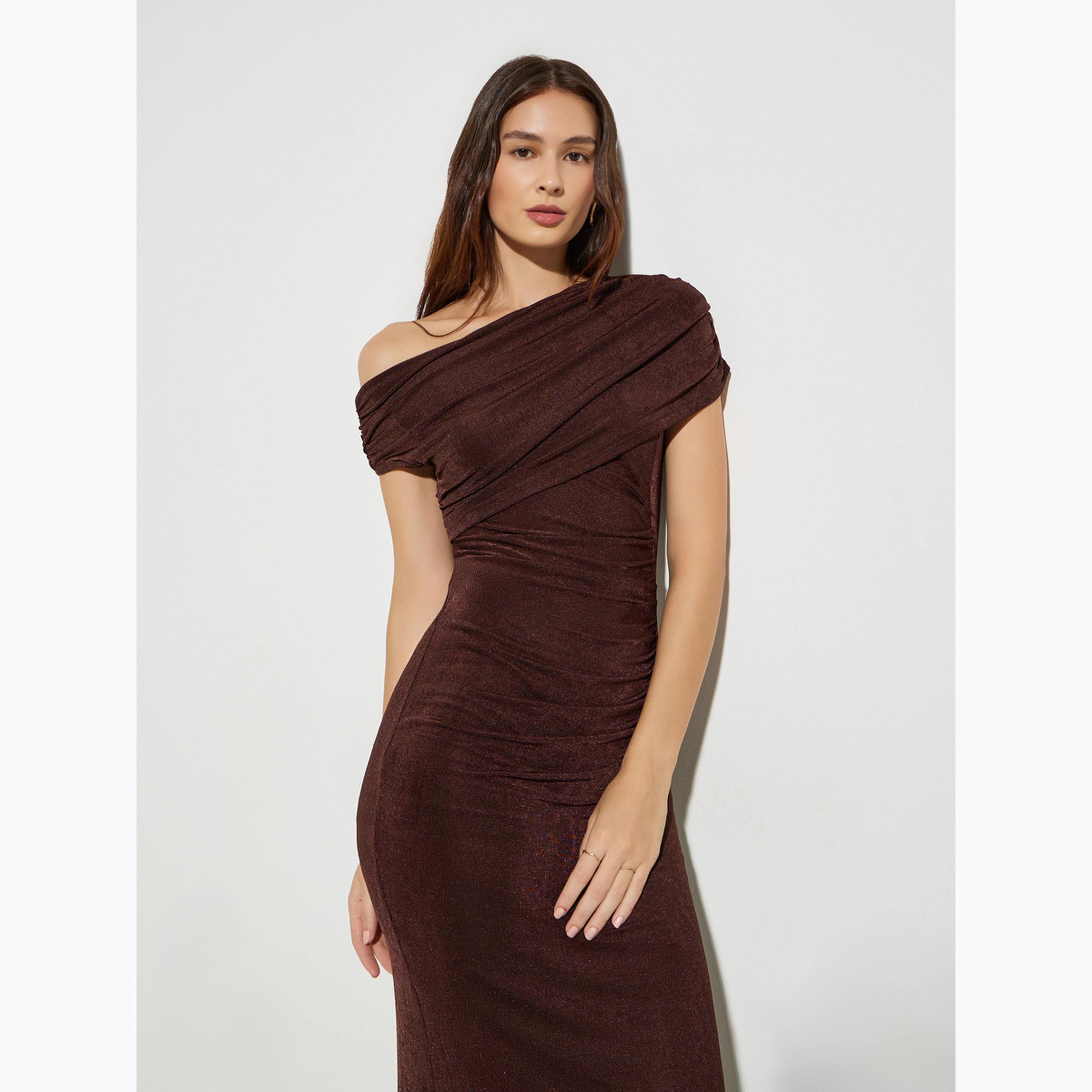 Styli Brown Asymmetric Neck Bodycon Maxi Dress-women-clothing-dresses-image-2