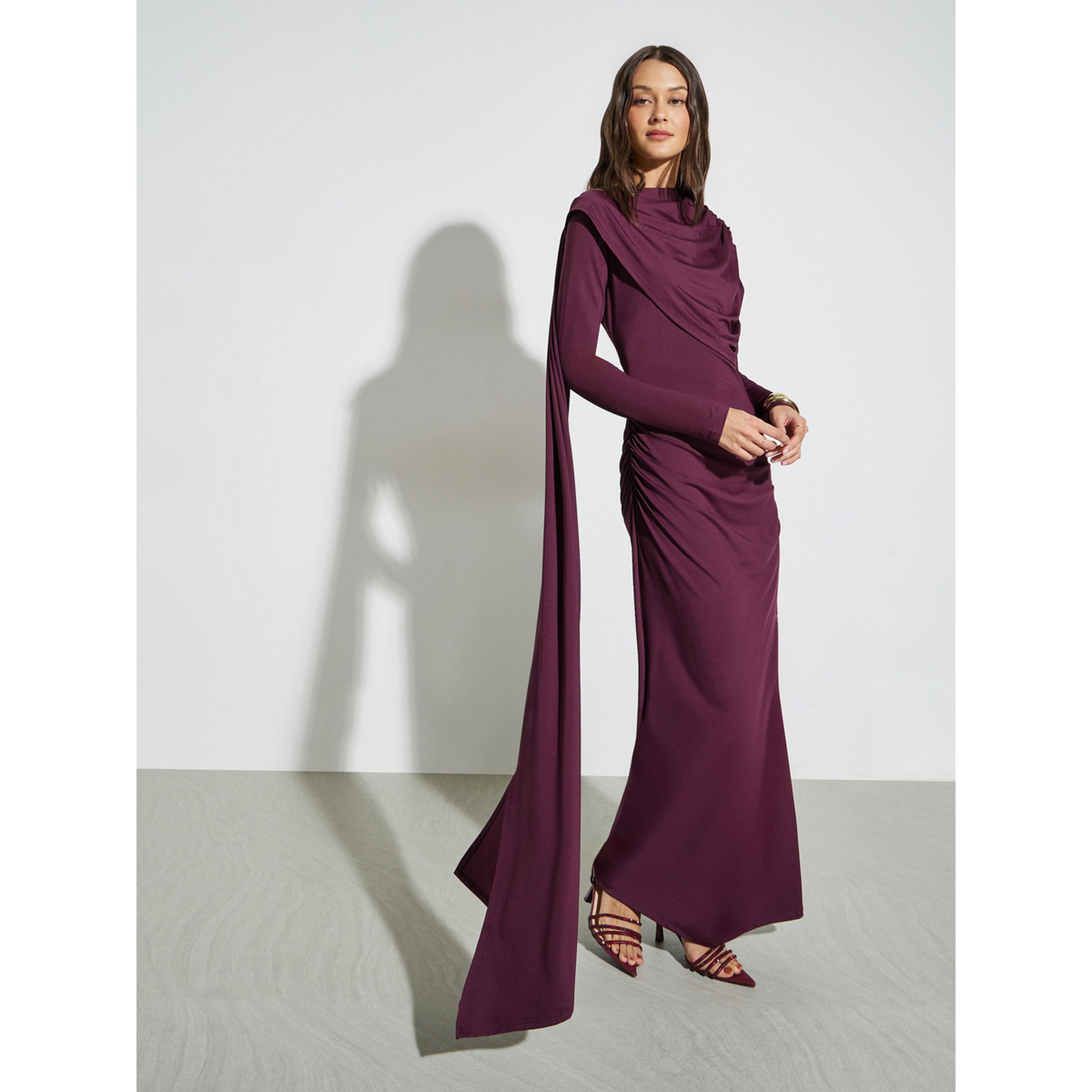 فستان طويل درابيه بتفاصيل مزمومة أرجواني-women-clothing-dresses-image-2