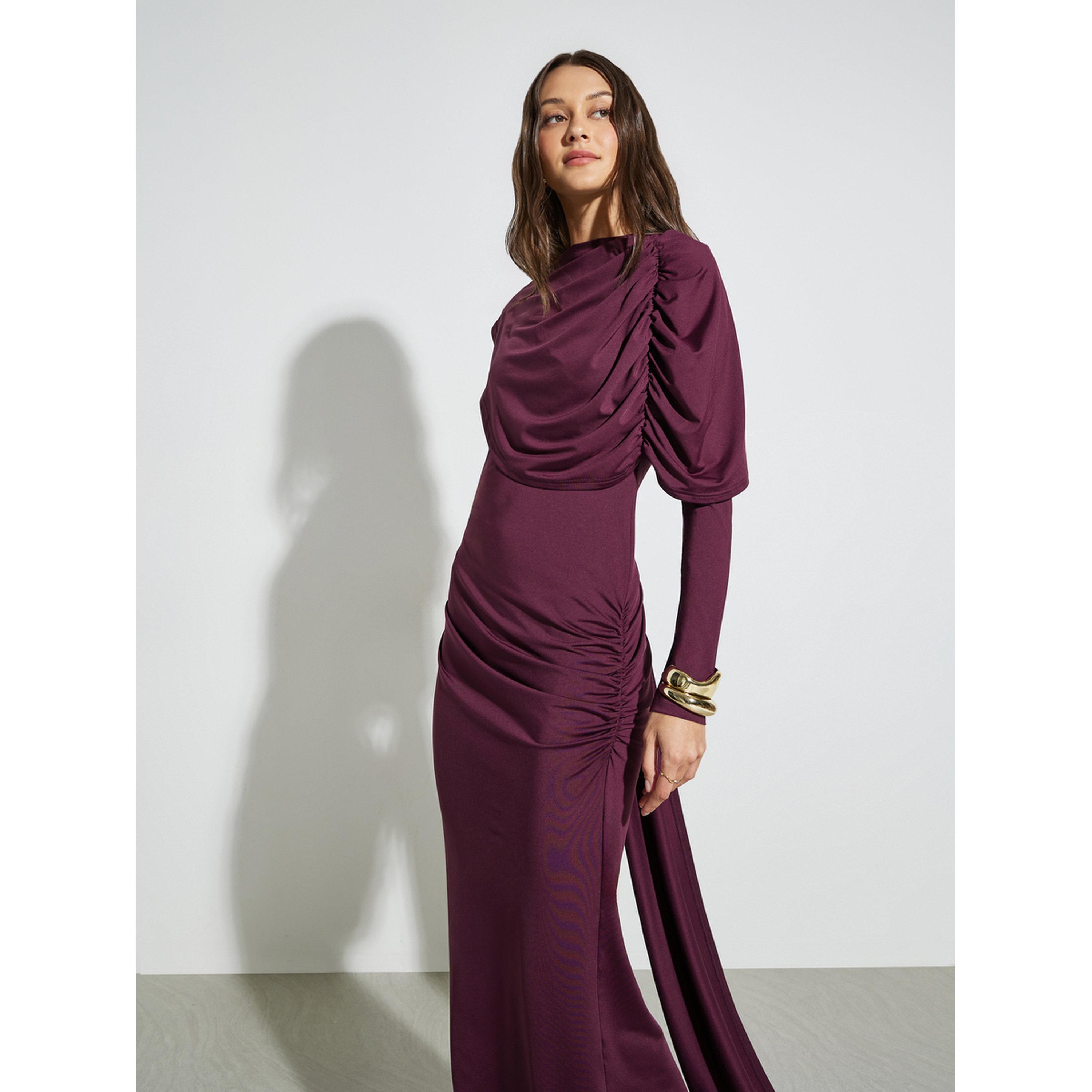 فستان طويل درابيه بتفاصيل مزمومة أرجواني-women-clothing-dresses-image-3