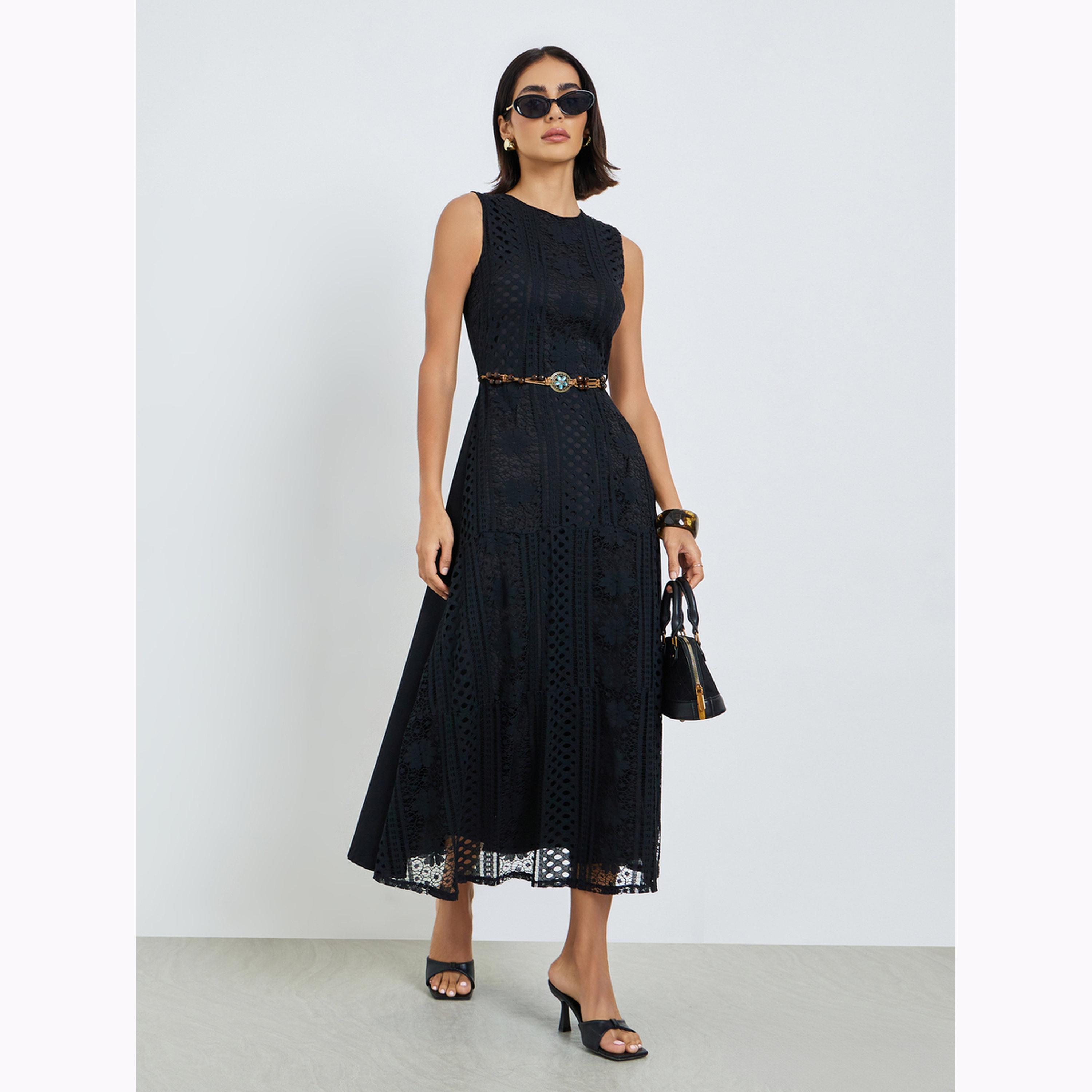 Styli Black Self-Design Midi Dress with Beaded Belt-women-clothing-dresses-image-1