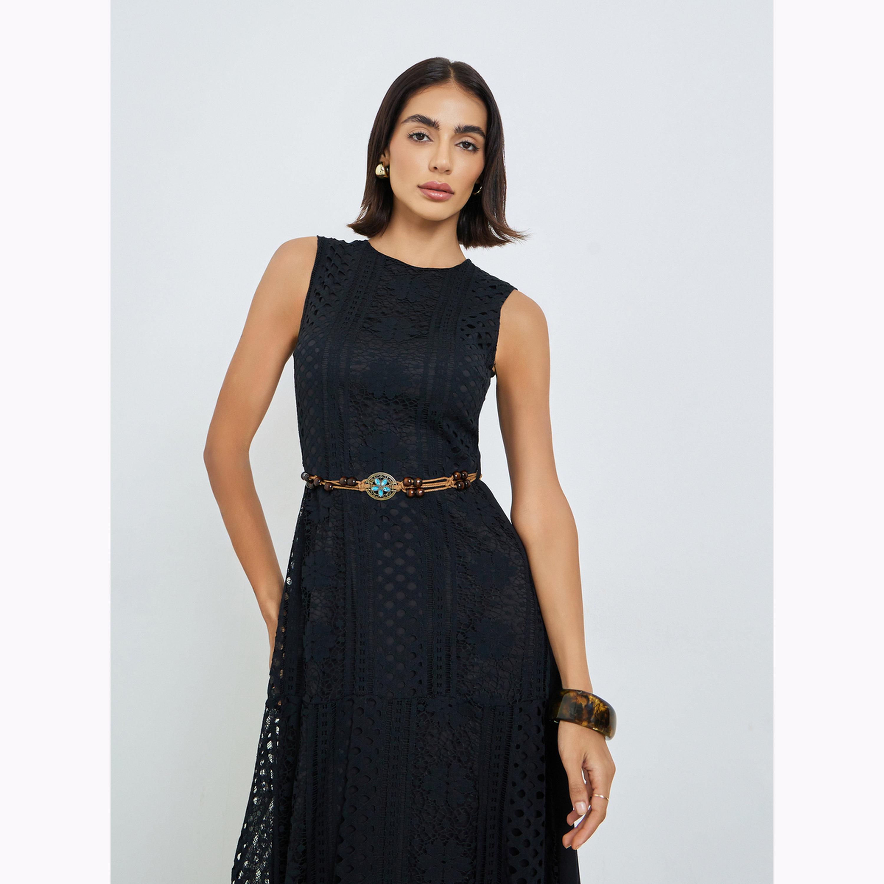 فستان ميدي بنقشة بارزة وحزام خرز-women-clothing-dresses-image-2
