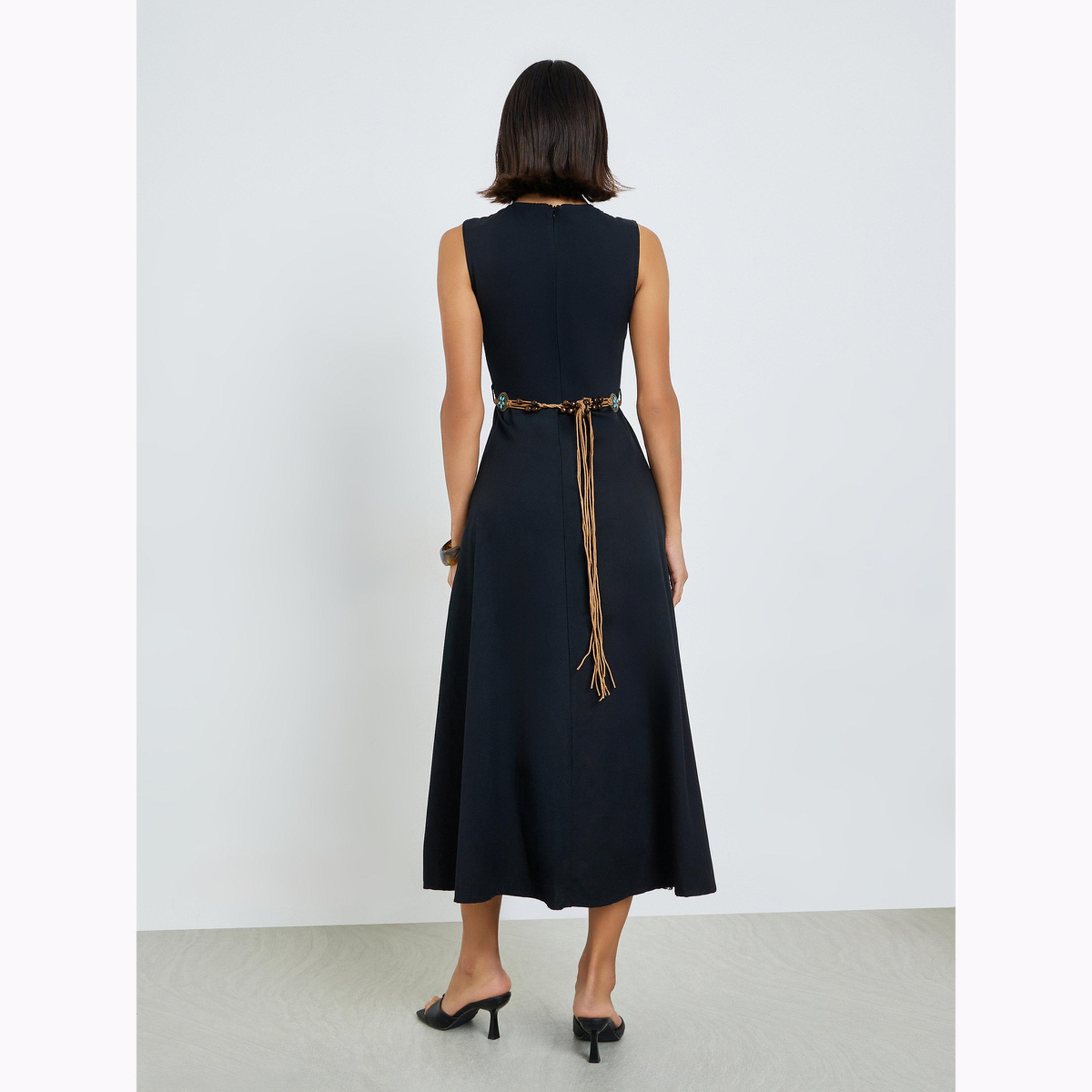 فستان ميدي بنقشة بارزة وحزام خرز-women-clothing-dresses-image-4