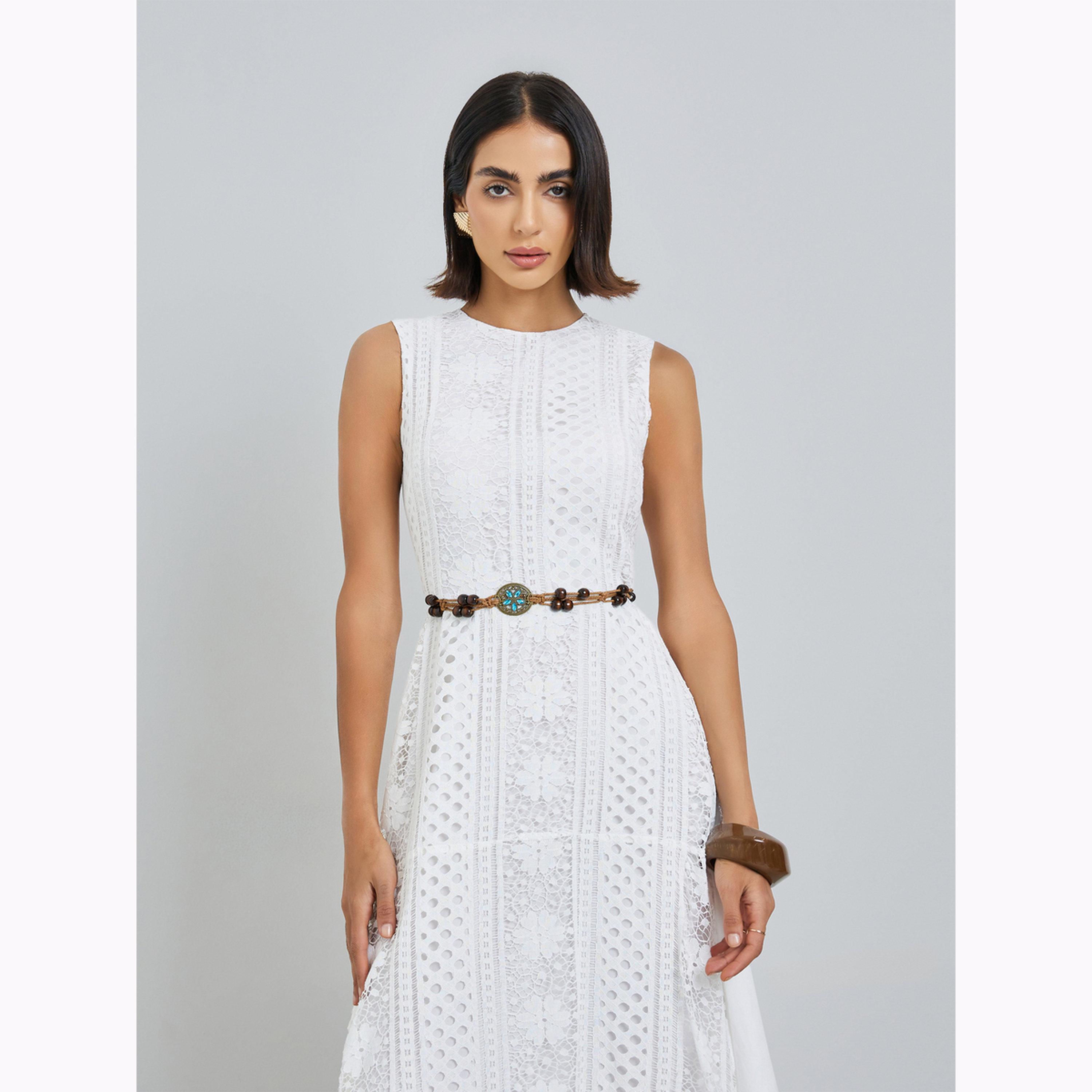 Styli White Self-Design Midi Dress with Beaded Belt-women-clothing-dresses-image-2