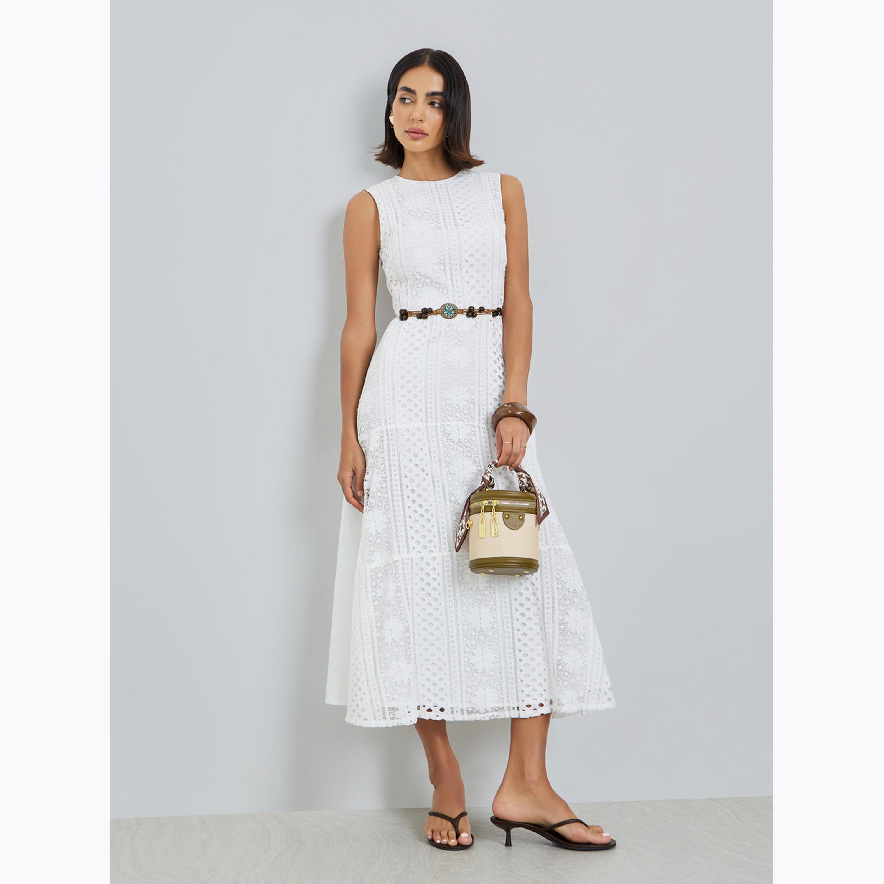 Styli White Self-Design Midi Dress with Beaded Belt-women-clothing-dresses-image-3