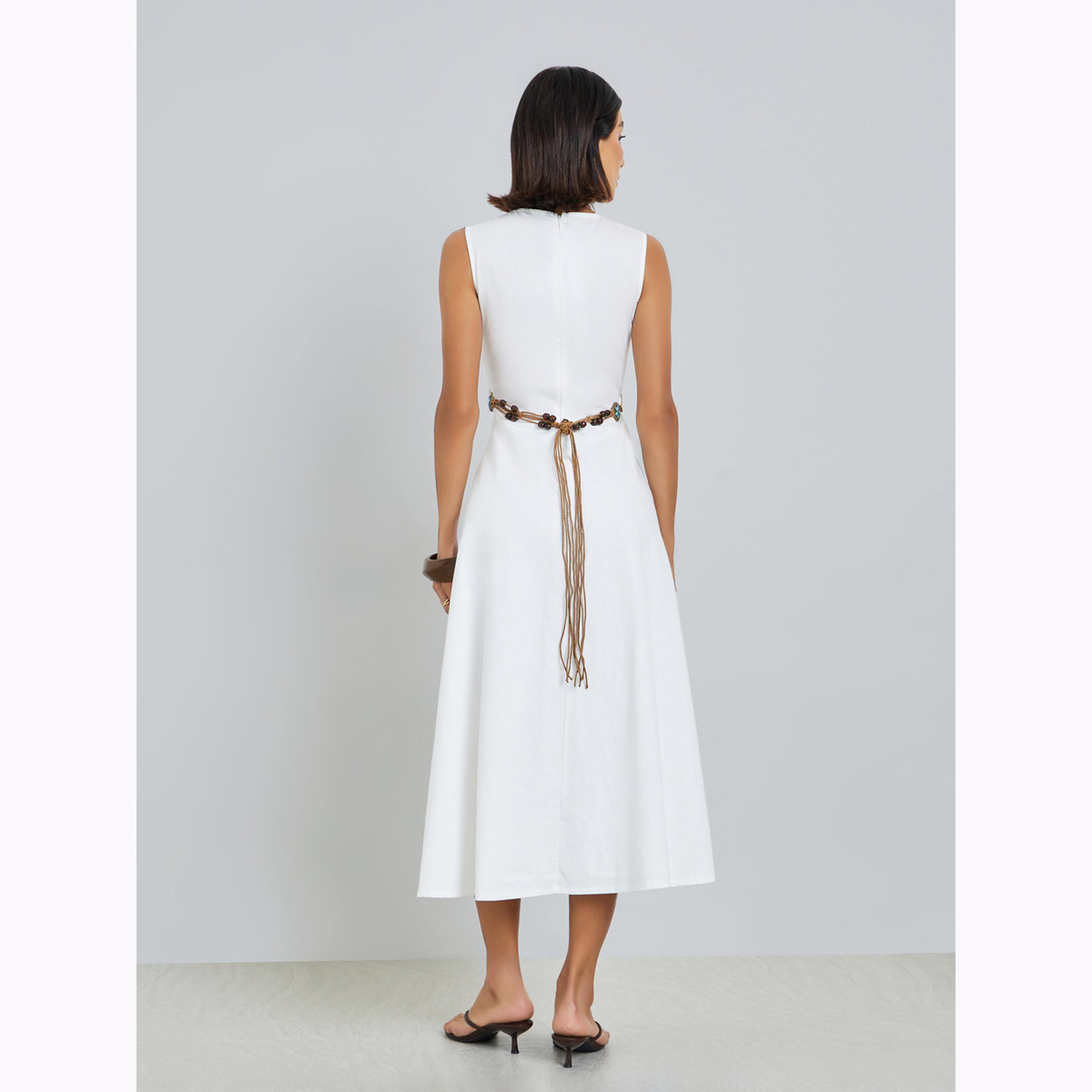 Styli White Self-Design Midi Dress with Beaded Belt-women-clothing-dresses-image-4