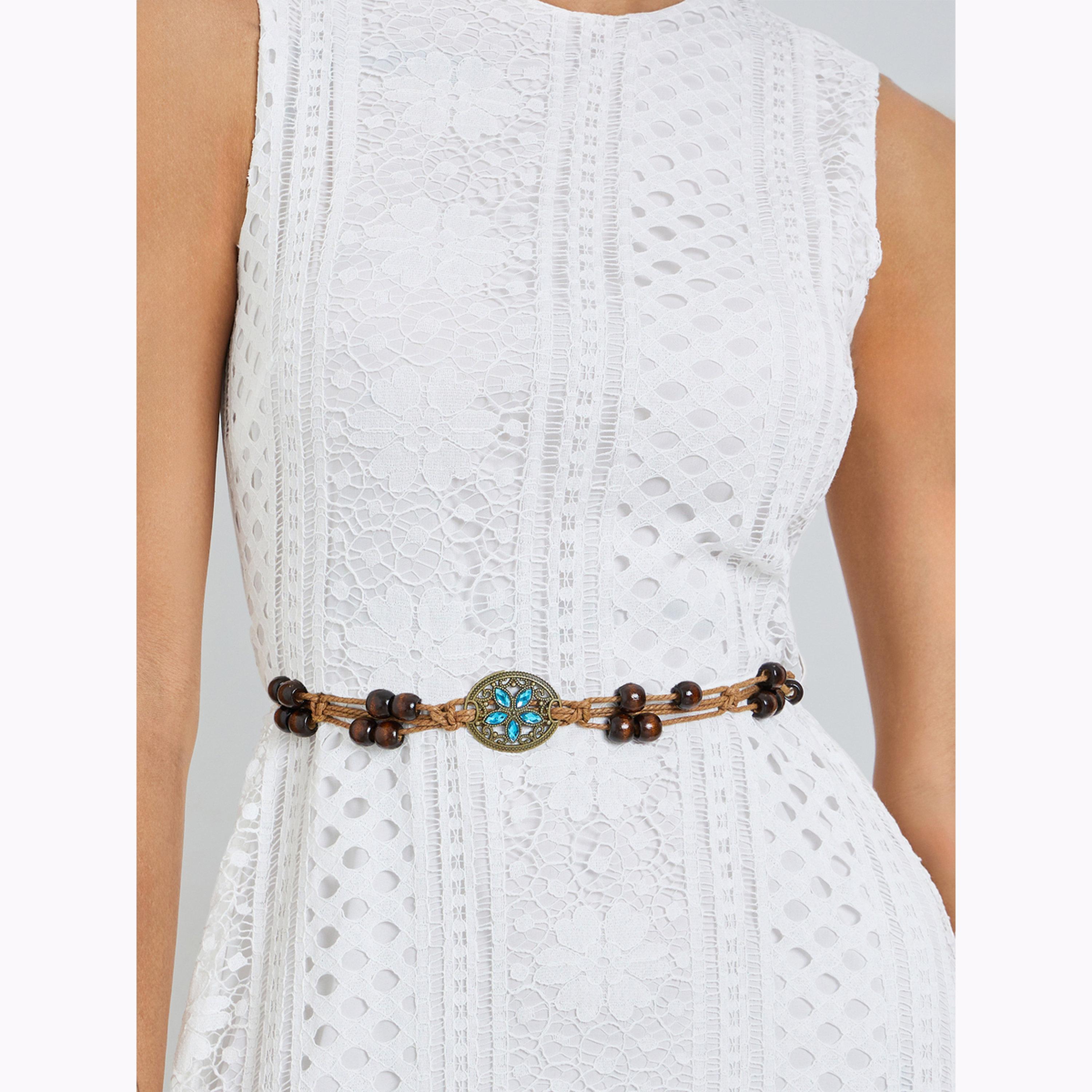 Styli White Self-Design Midi Dress with Beaded Belt-women-clothing-dresses-image-5
