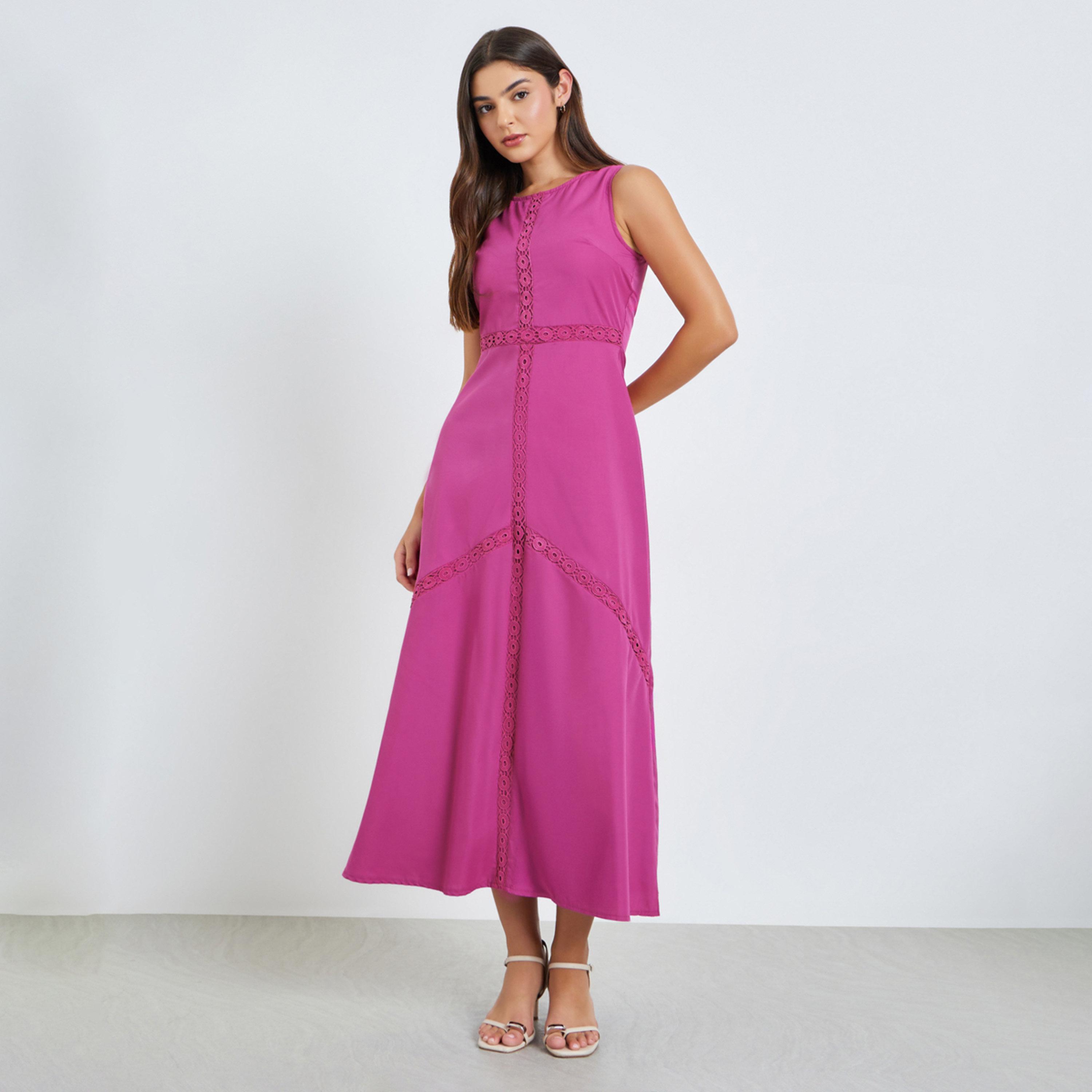 Styli Pink Self-Design Sleeveless A-Line Maxi Dress-women-clothing-dresses-image-1
