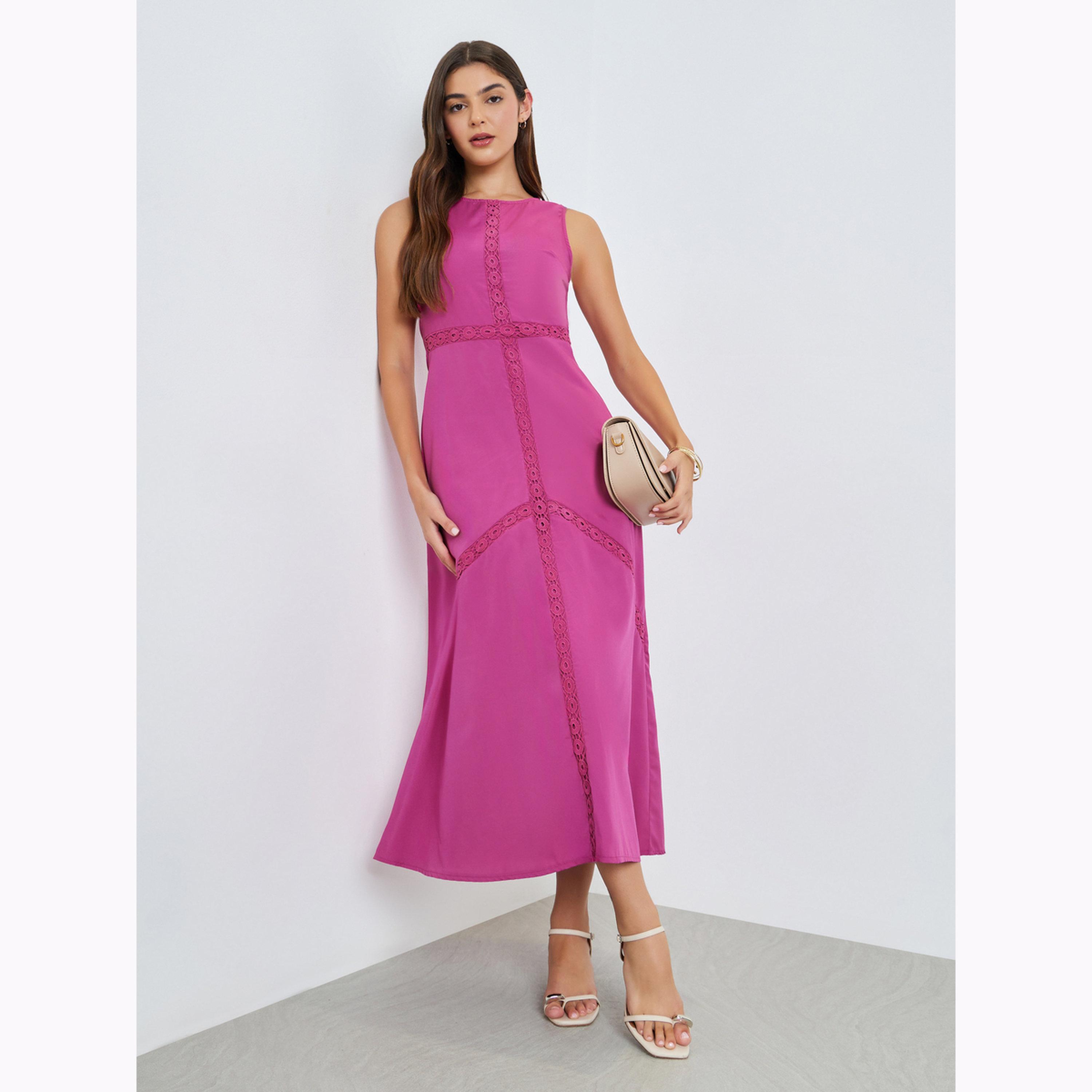 Styli Pink Self-Design Sleeveless A-Line Maxi Dress-women-clothing-dresses-image-2