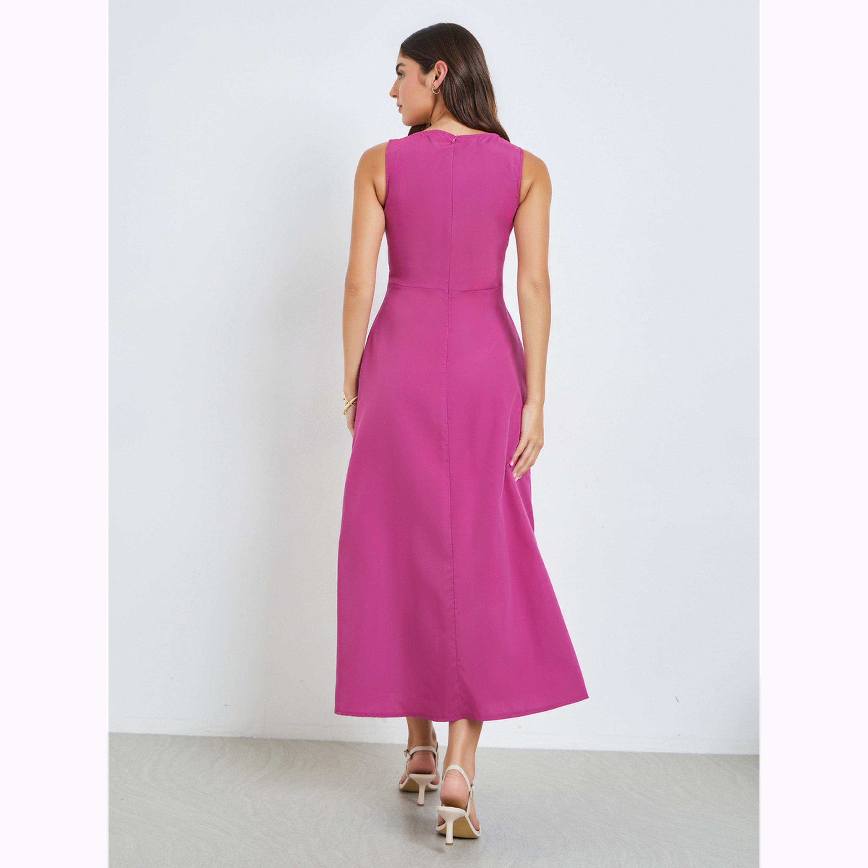 Styli Pink Self-Design Sleeveless A-Line Maxi Dress-women-clothing-dresses-image-4