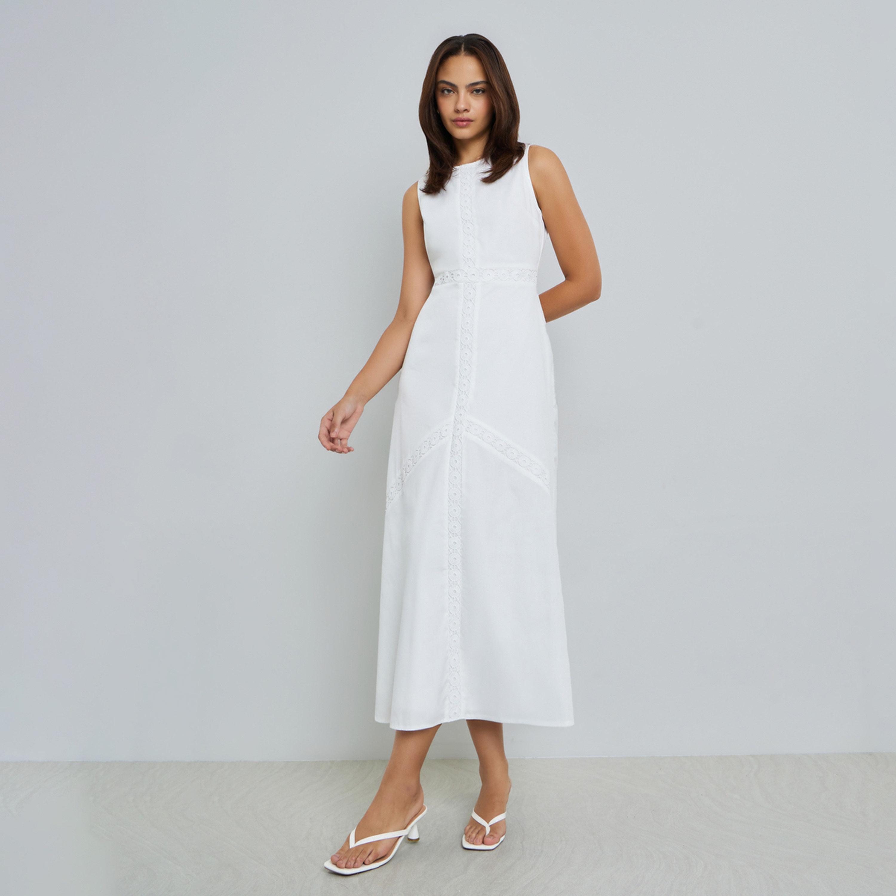Styli White Self-Design Sleeveless A-Line Maxi Dress-women-clothing-dresses-image-1