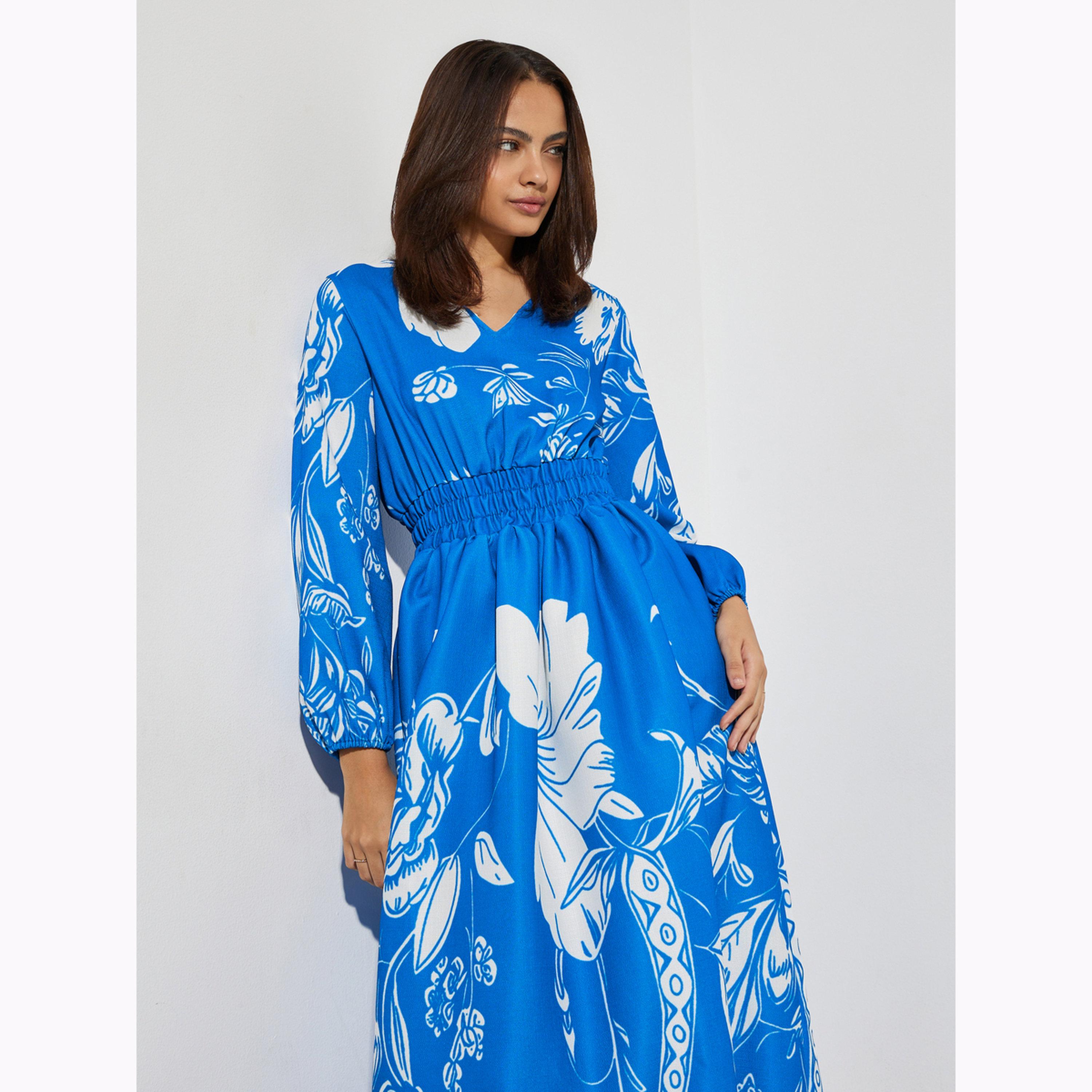 Styli Blue Floral Rayon V Neck Maxi Dress-women-clothing-dresses-image-2