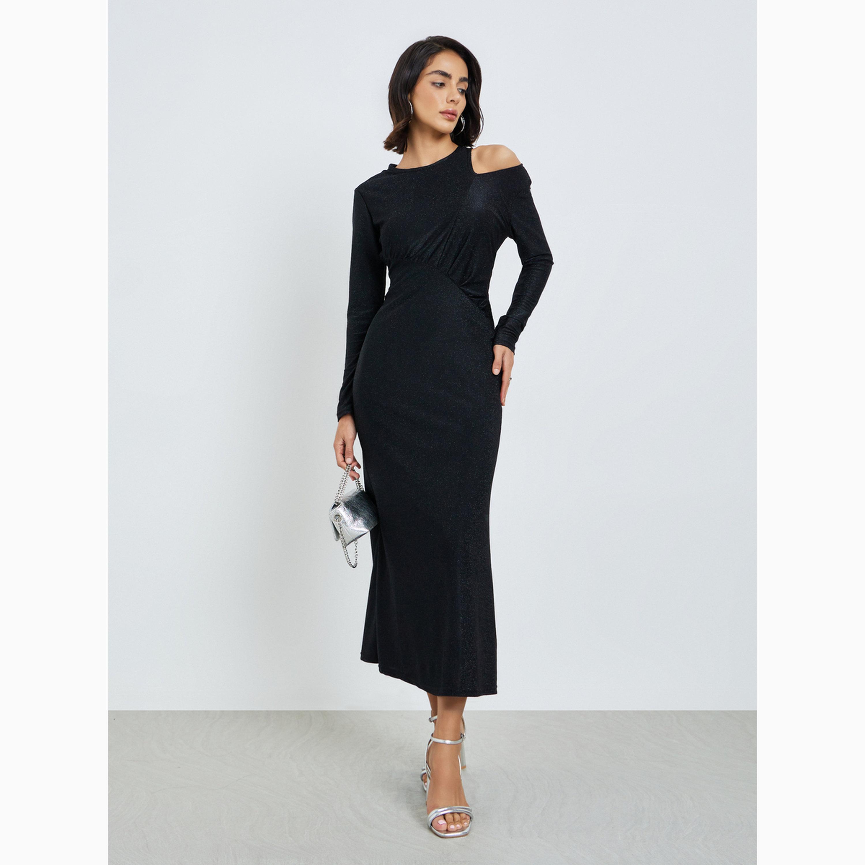 Styli Black Cut-Out Detail Shimmer Look Blue Maxi Dress-women-clothing-dresses-image-1