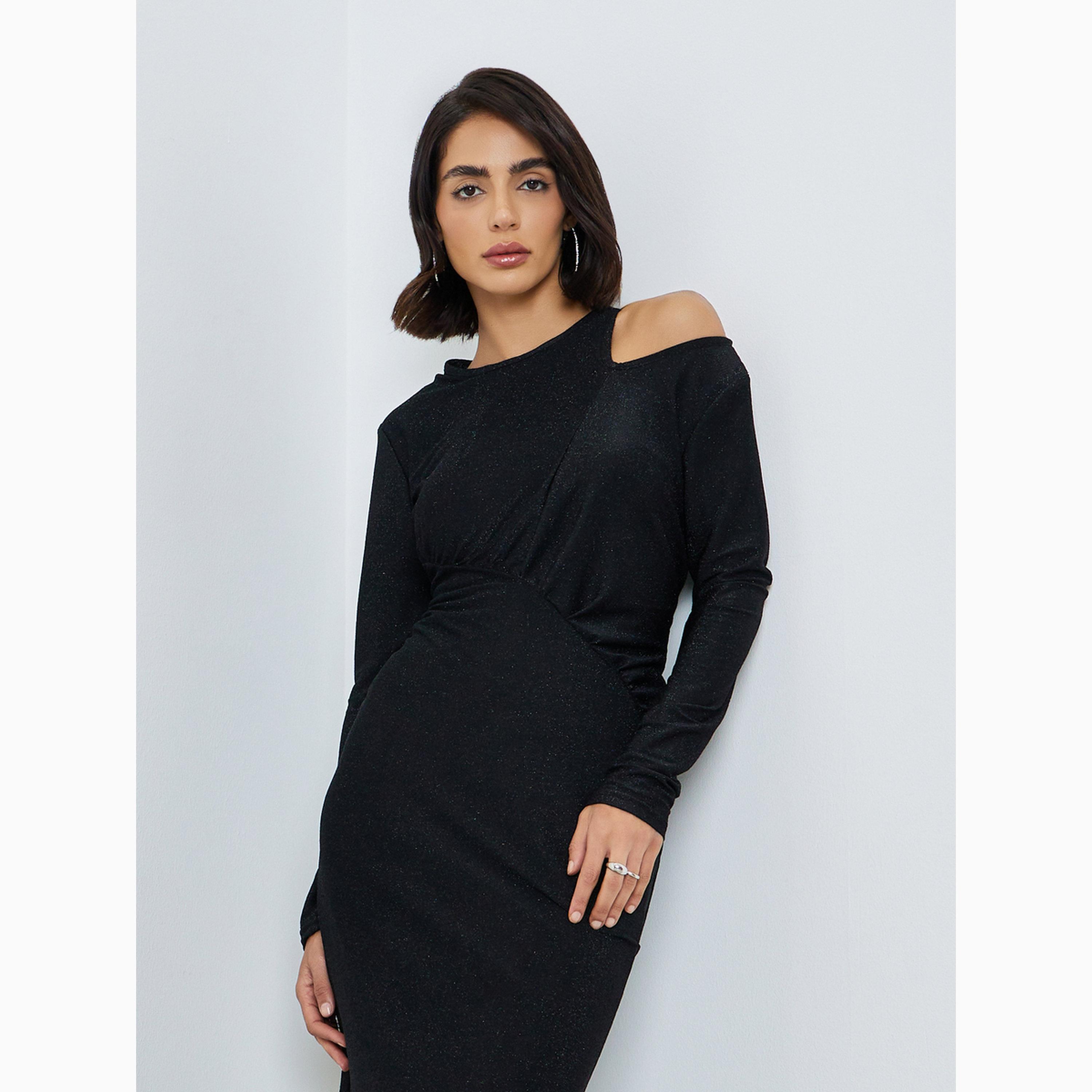 Styli Black Cut-Out Detail Shimmer Look Blue Maxi Dress-women-clothing-dresses-image-2