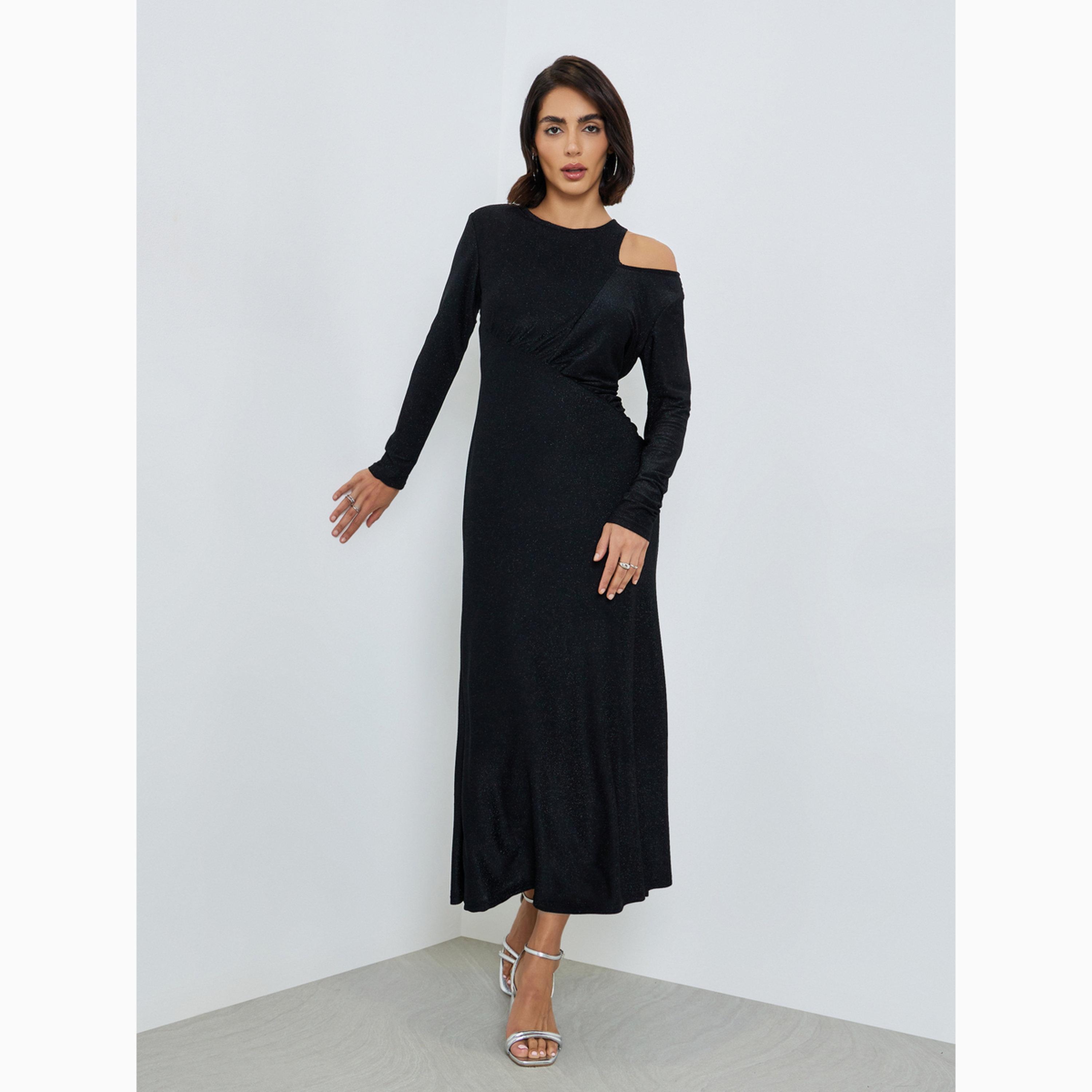 Styli Black Cut-Out Detail Shimmer Look Blue Maxi Dress-women-clothing-dresses-image-3