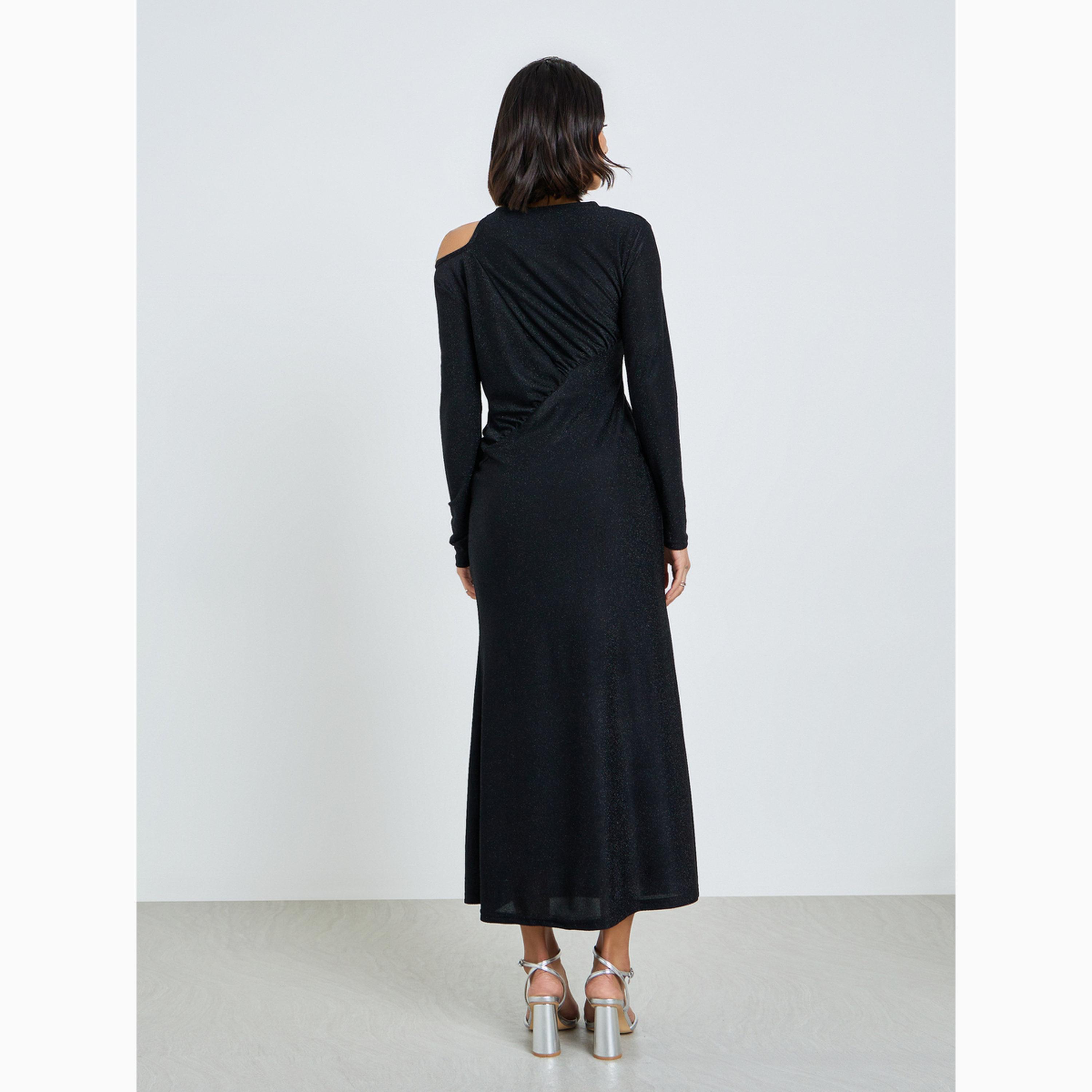 Styli Black Cut-Out Detail Shimmer Look Blue Maxi Dress-women-clothing-dresses-image-5
