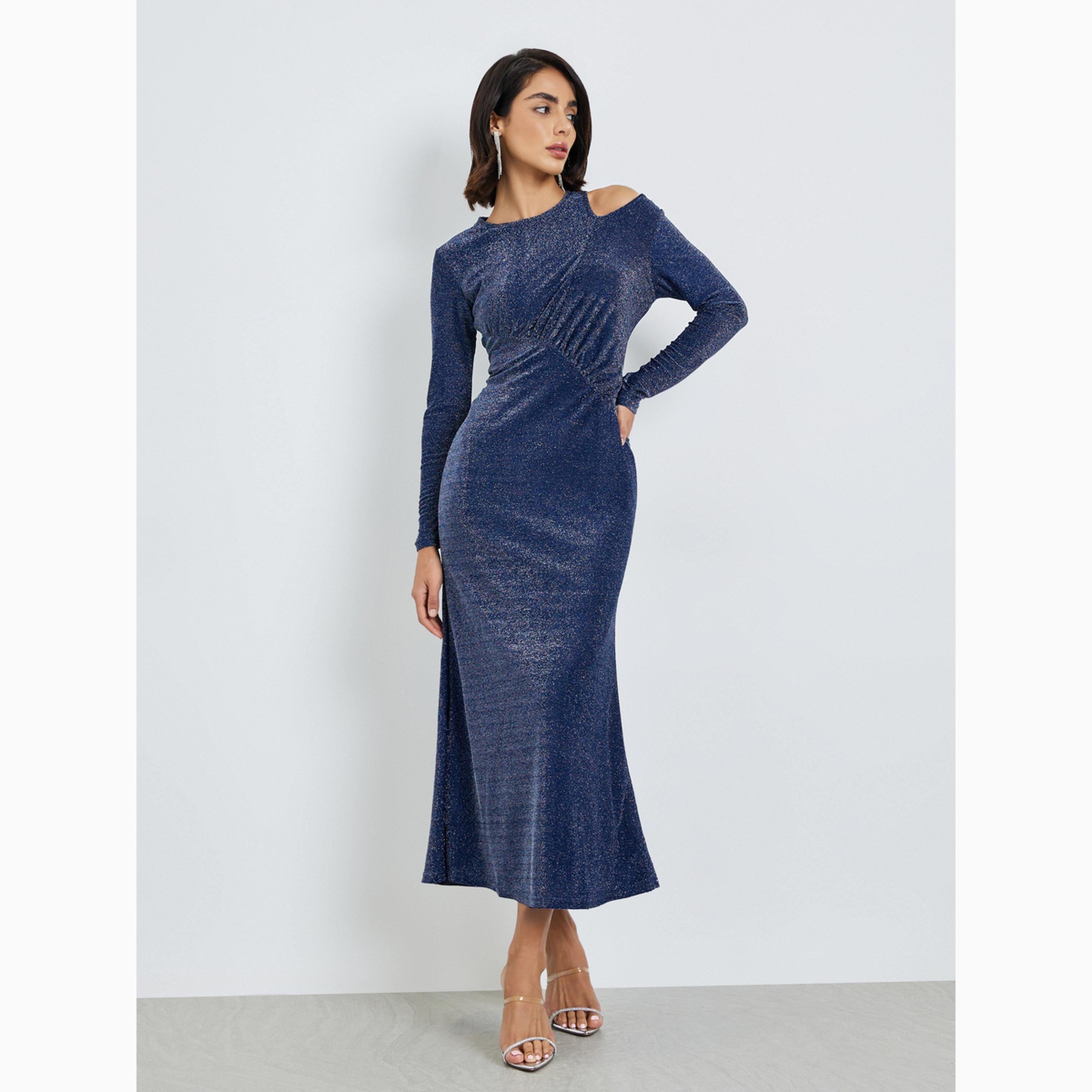 Styli Navy Blue Cut-Out Detail Shimmer Look Blue Maxi Dress-women-clothing-dresses-image-2