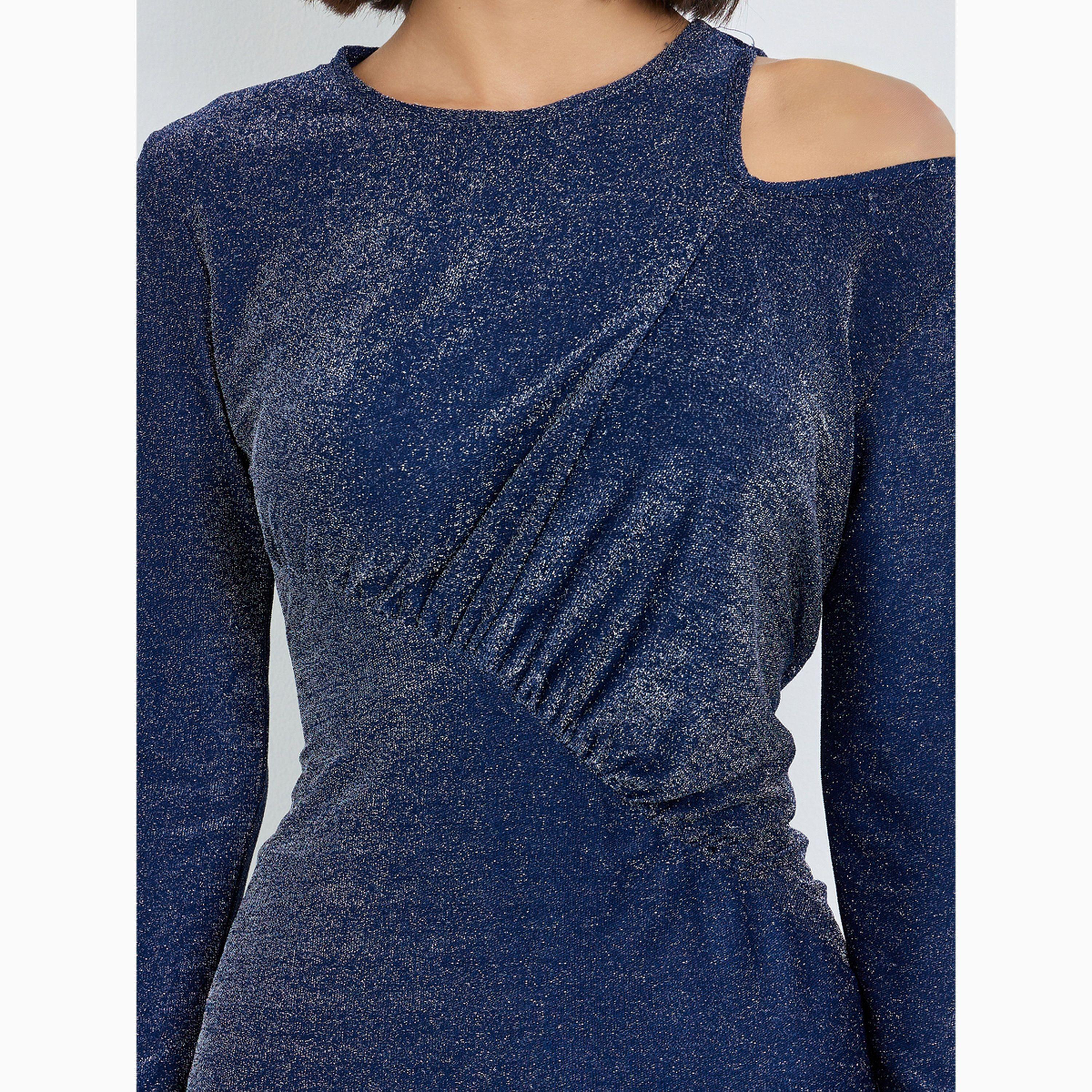 Styli Navy Blue Cut-Out Detail Shimmer Look Blue Maxi Dress-women-clothing-dresses-image-4