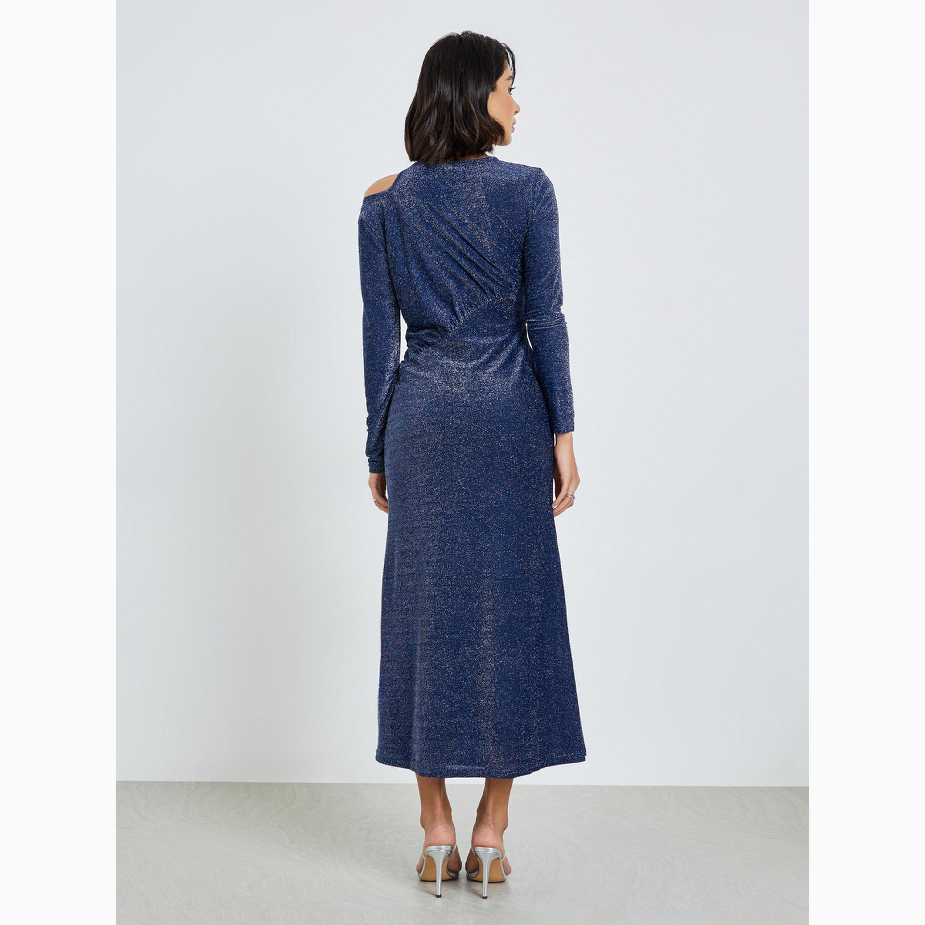 Styli Navy Blue Cut-Out Detail Shimmer Look Blue Maxi Dress-women-clothing-dresses-image-5