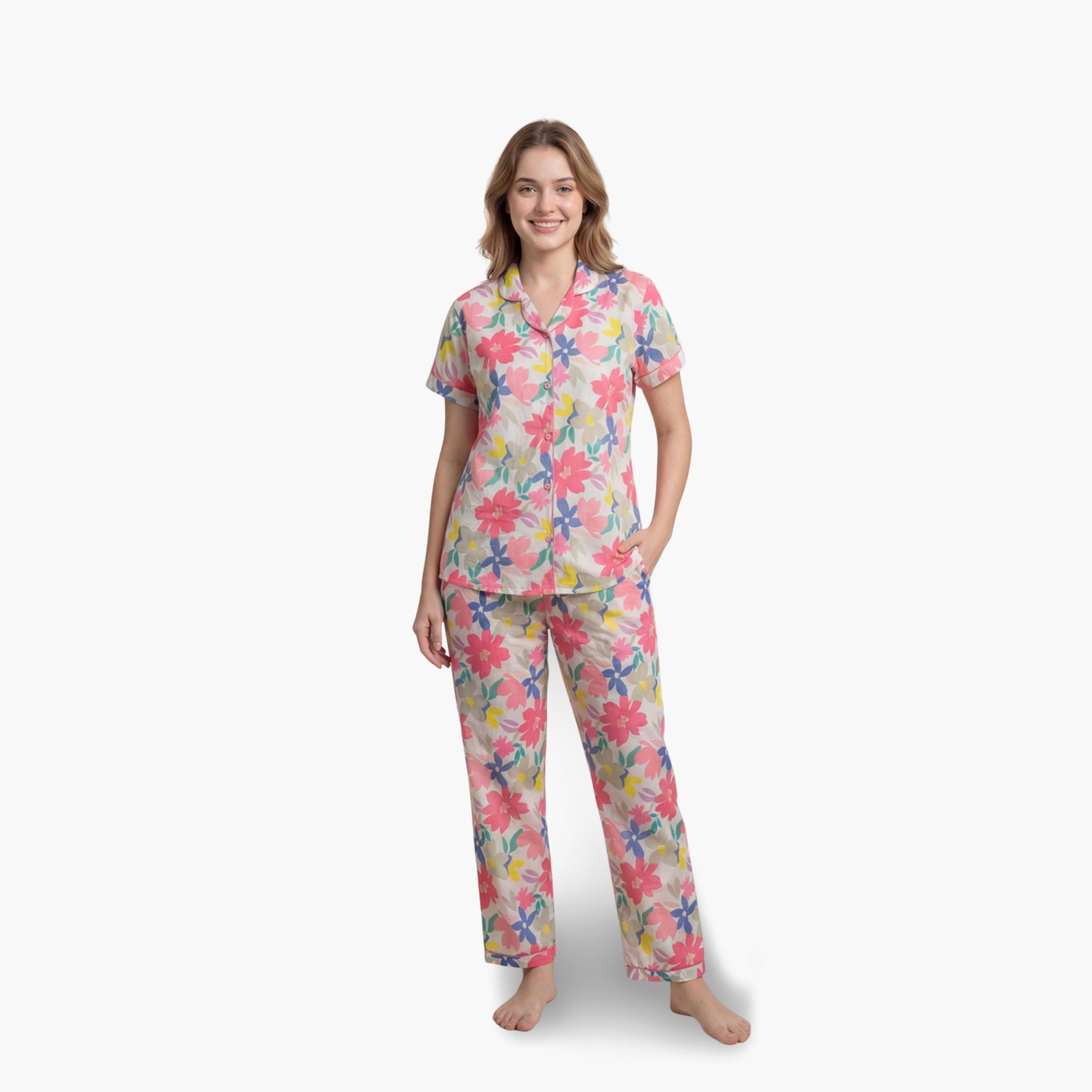 Mish Women Floral Print Cotton Shirt and Pyjama Set-women-clothing-nightwear-pyjamas-longsets-image-1