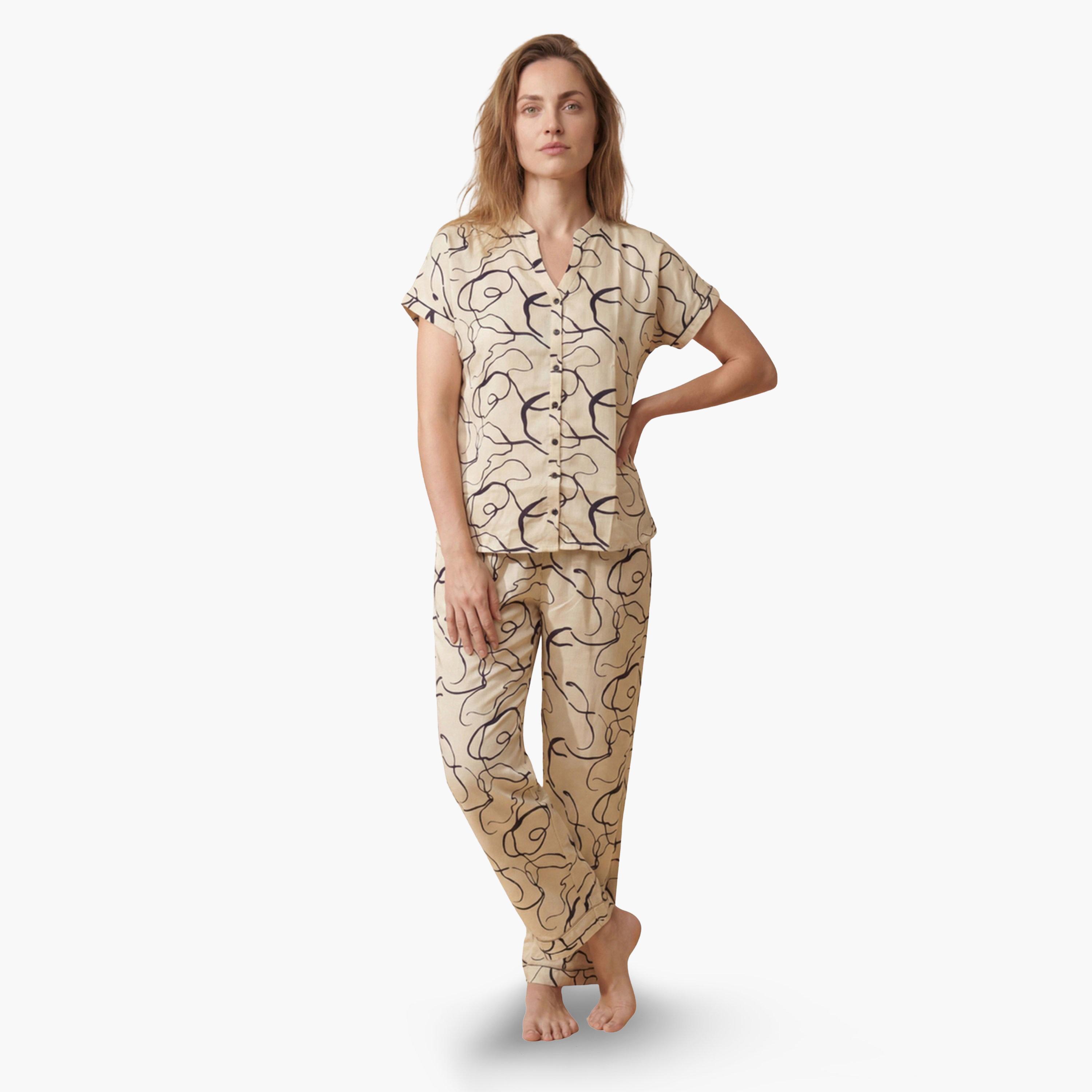 طقم بيجاما من بنطال وقميص قطن مطبوع-women-clothing-nightwear-pyjamas-longsets-image-1