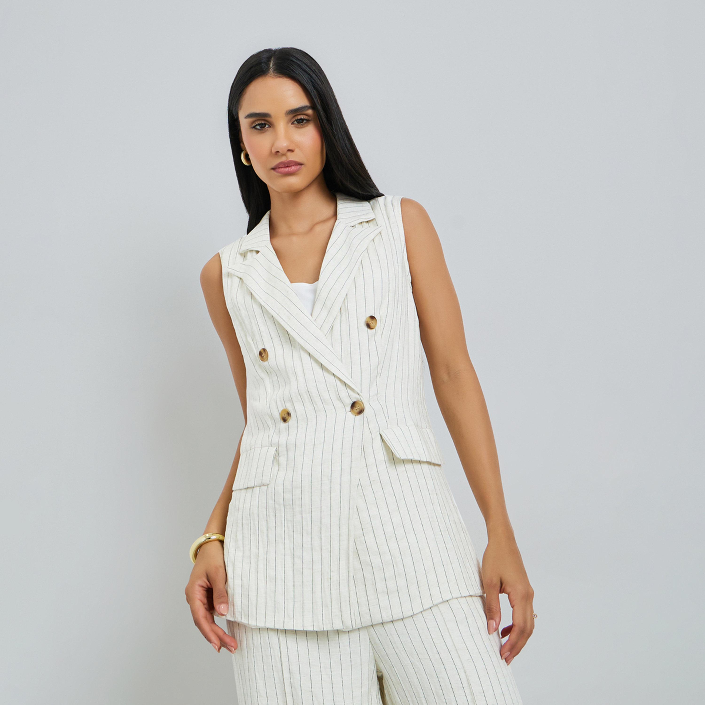 صدرية بنقشة خطوط رفيعة وبدون أكمام-women-winterwear-coatsandjackets-waistcoats-image-1