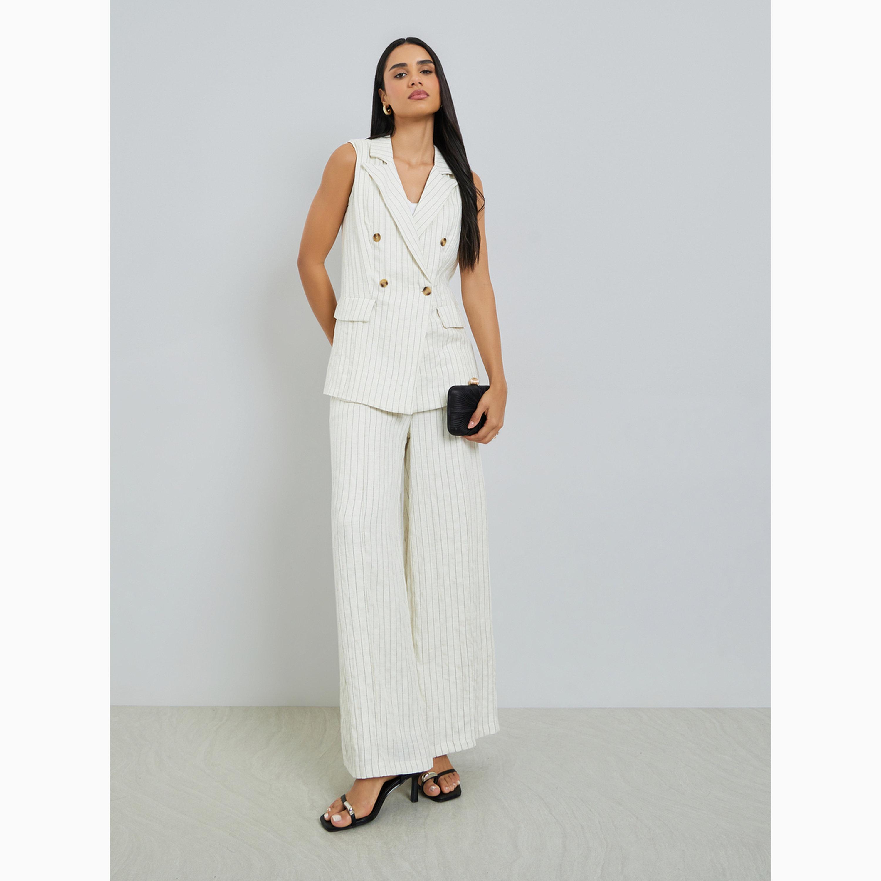 Styli Off White Sleeveless Pinstripe Waistcoat-women-winterwear-coatsandjackets-waistcoats-image-2