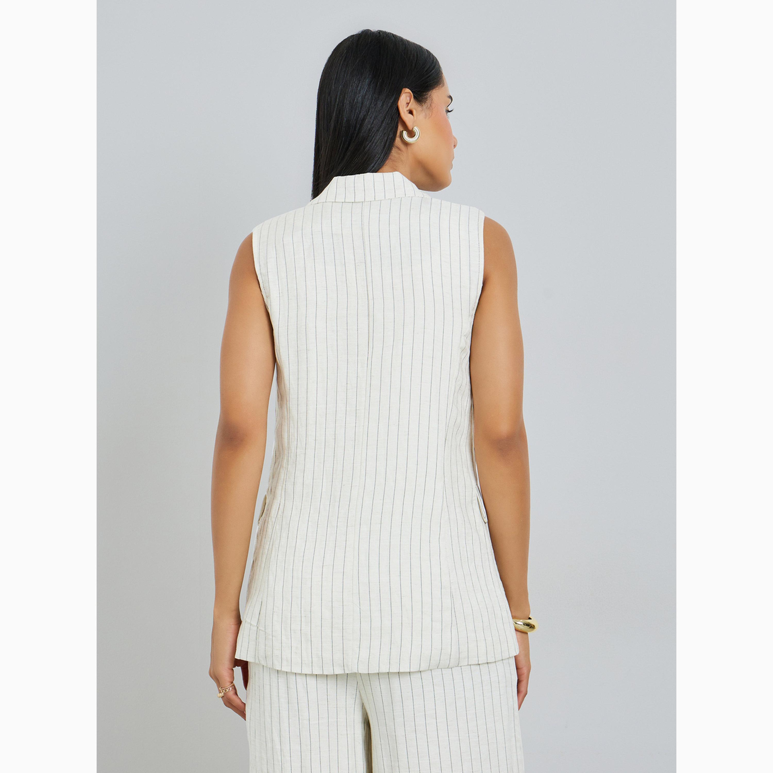 Styli Off White Sleeveless Pinstripe Waistcoat-women-winterwear-coatsandjackets-waistcoats-image-5