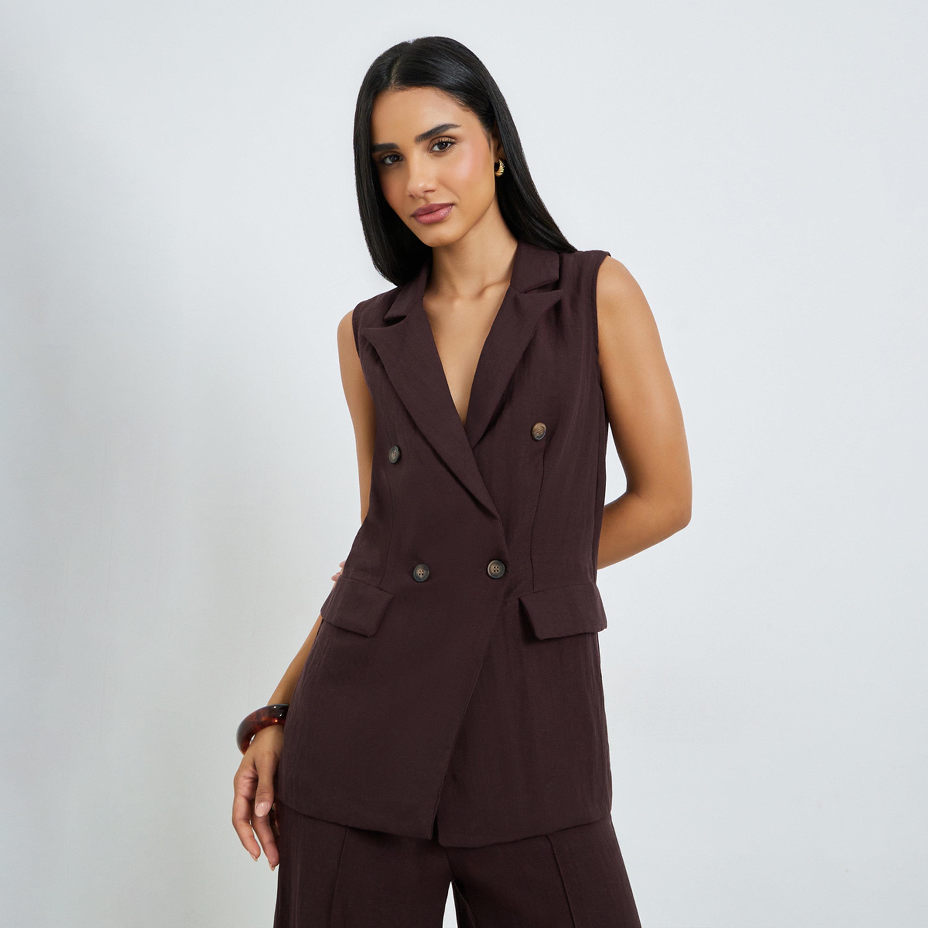 Styli Brown Sleeveless Linen Look Waistcoat-women-winterwear-coatsandjackets-waistcoats-image-1